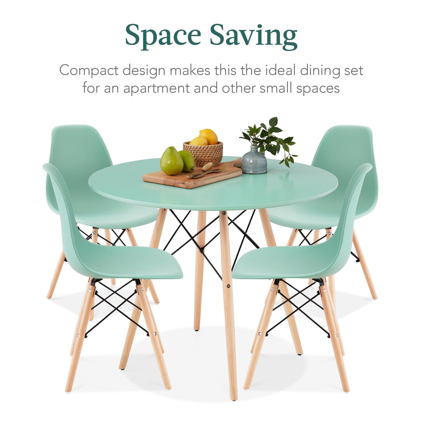 Best Choice Products 5-Piece Dining Set, Compact Mid-Century Modern Table & Chair Set for Home, Apartment w/ 4 Chairs, Plastic Seats, Wooden Legs, Metal Frame - Light Green/Oak