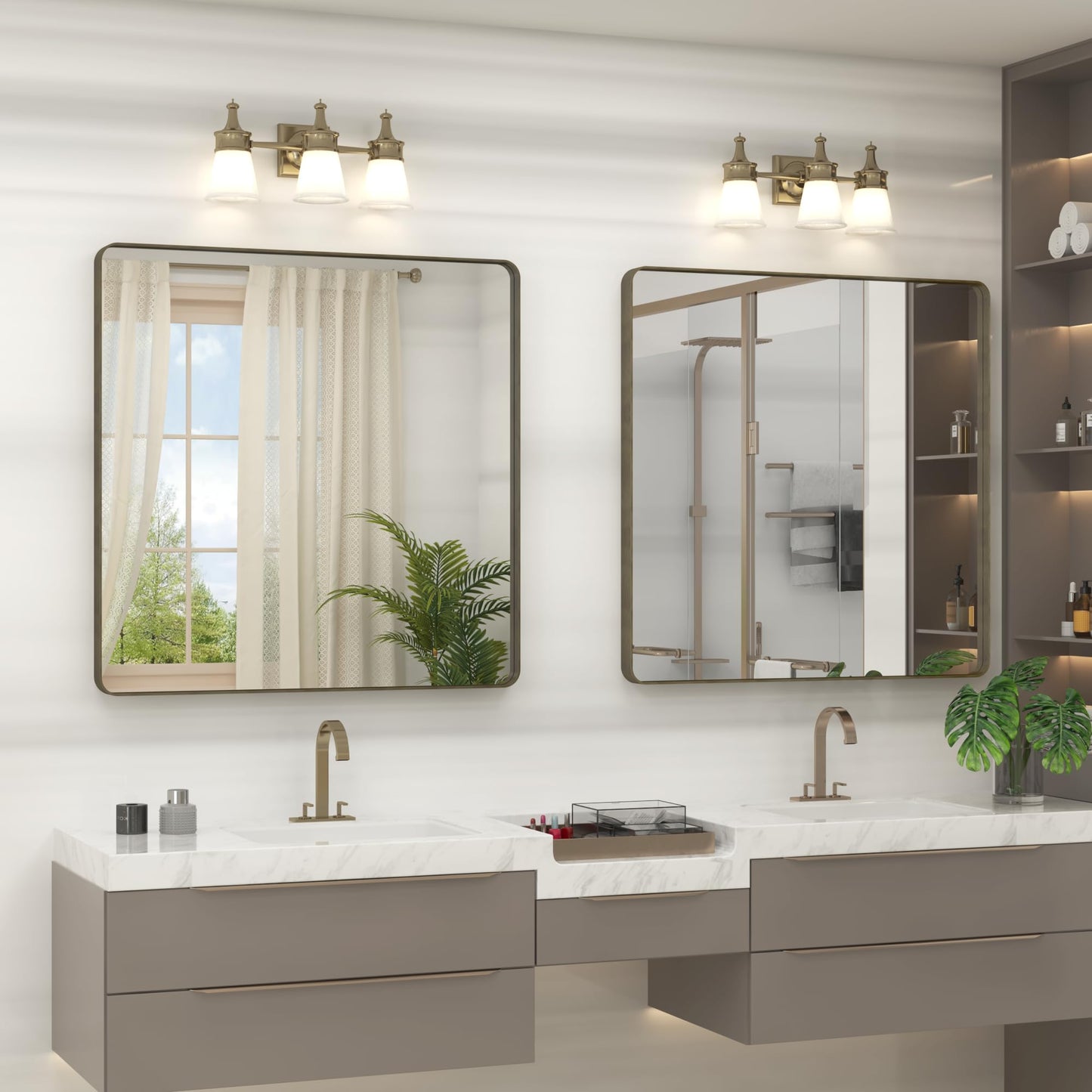 CHARMOR 36x36 Square Bathroom Framed Mirror for Wall, Brushed Bronze Metal Bathroom Vanity Mirror, Rounded Rectangle Mirror, Anti-Rust, Tempered Shatterproof (Horizontal/Vertical)