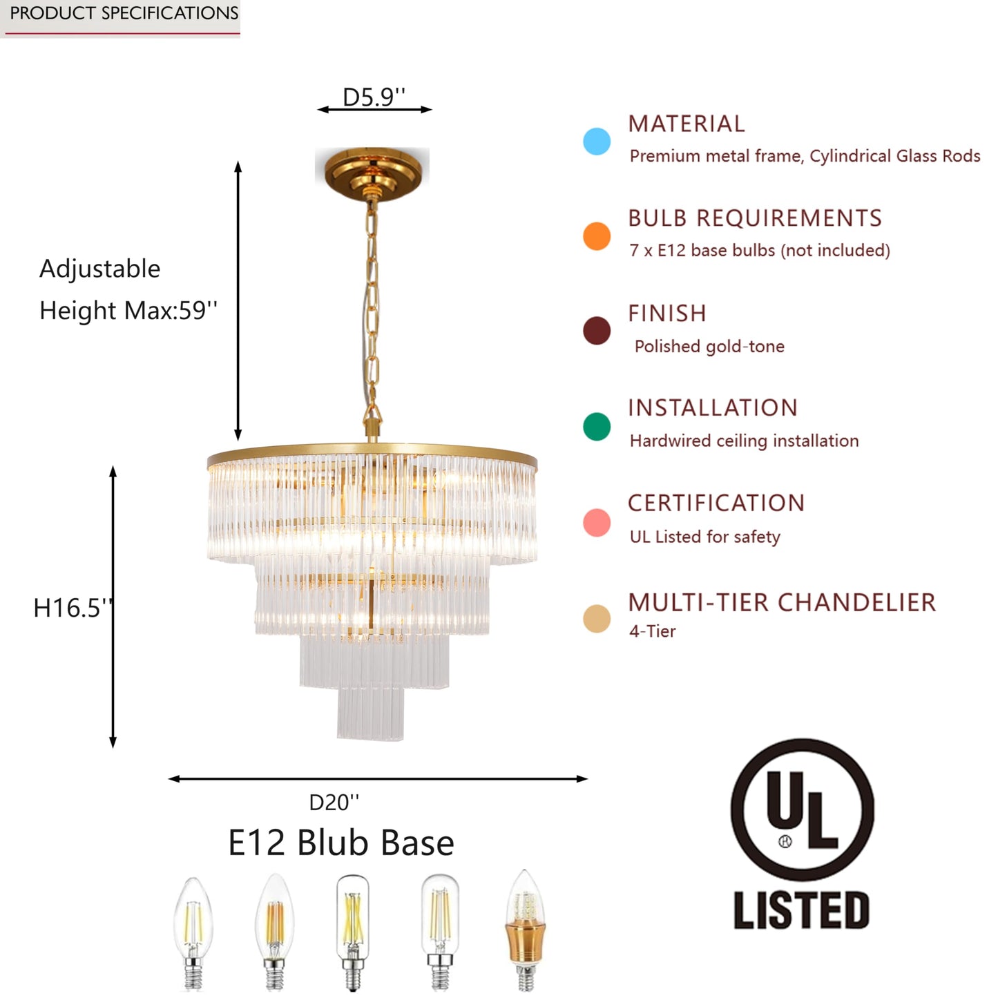 CHGUOSZ Modern Multi-Tier Crystal Chandelier 4-Tier Round Gold Finish Ceiling Light -Cylindrical Glass Rods -Dining Room Living Room Bedroom Entryway -Luxury Lighting Fixture 20''