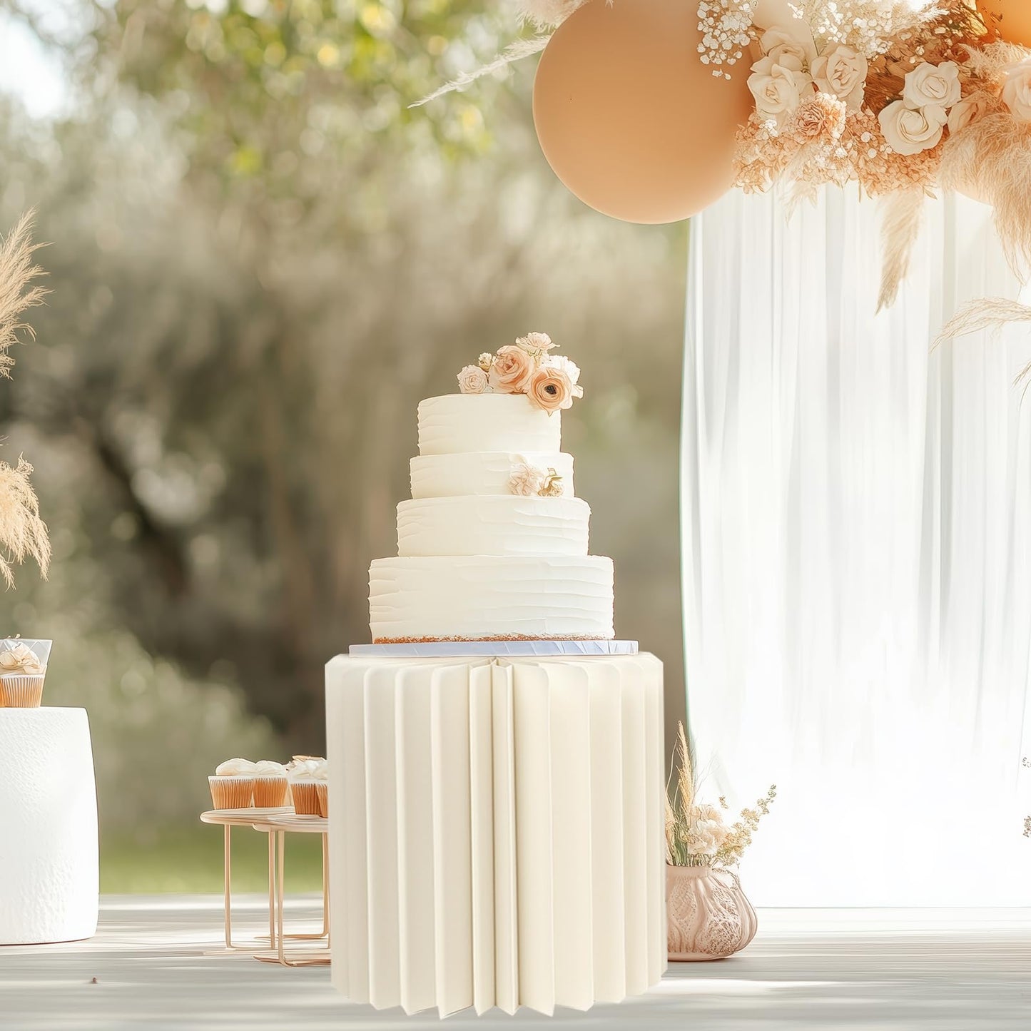JarThenaAMCS 5 Pcs Portable White Cylinder Stand for Party Round Tall Cake Pedestal Stands with Acrylic Plates Foldable Cardboard Column Tables for Anniversary Birthday Baby Shower Wedding Decor