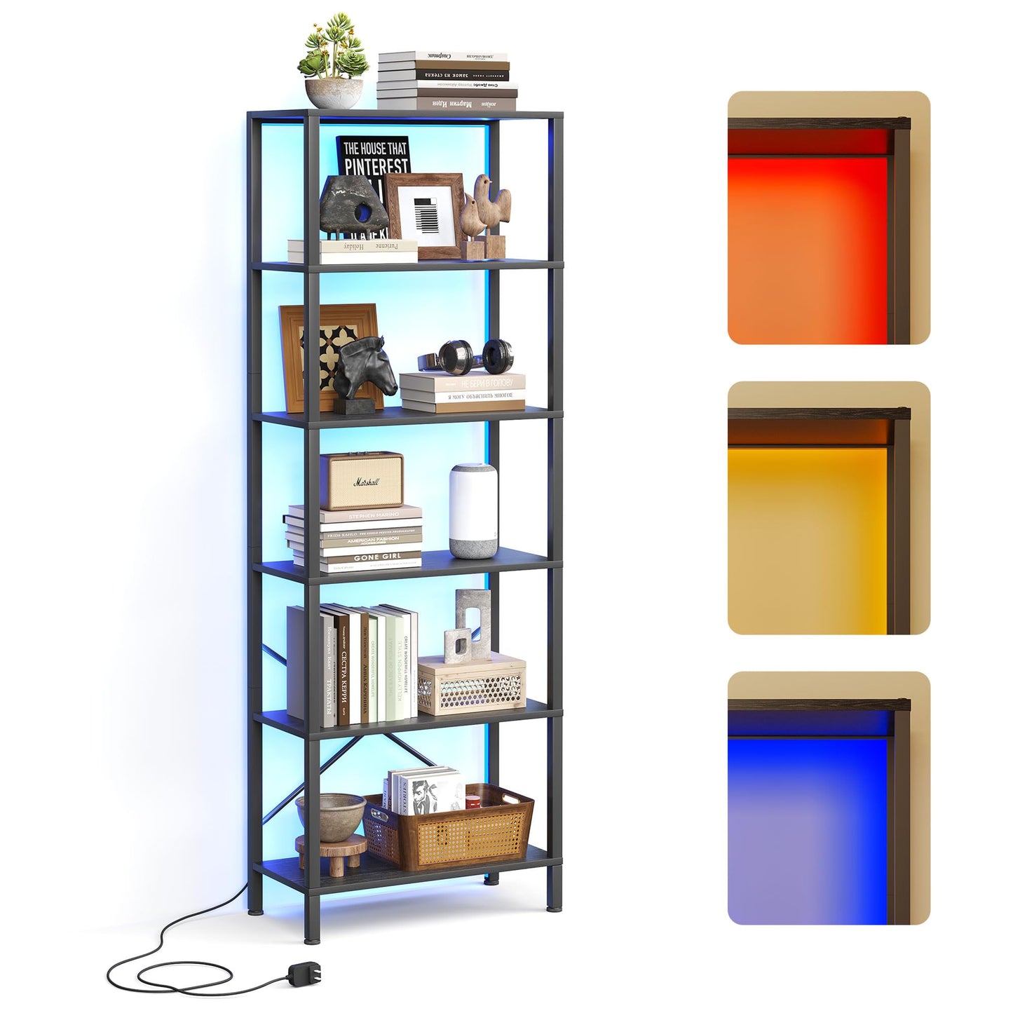 JARHETUN 6-Tier Bookshelf, Tall Bookcase with LED Lights, Book Shelf with Steel Frame, 11.2" x 23.6" x 65.4", Display Storage Shelf for Living Room, Bedroom, Home Office, Study, Black