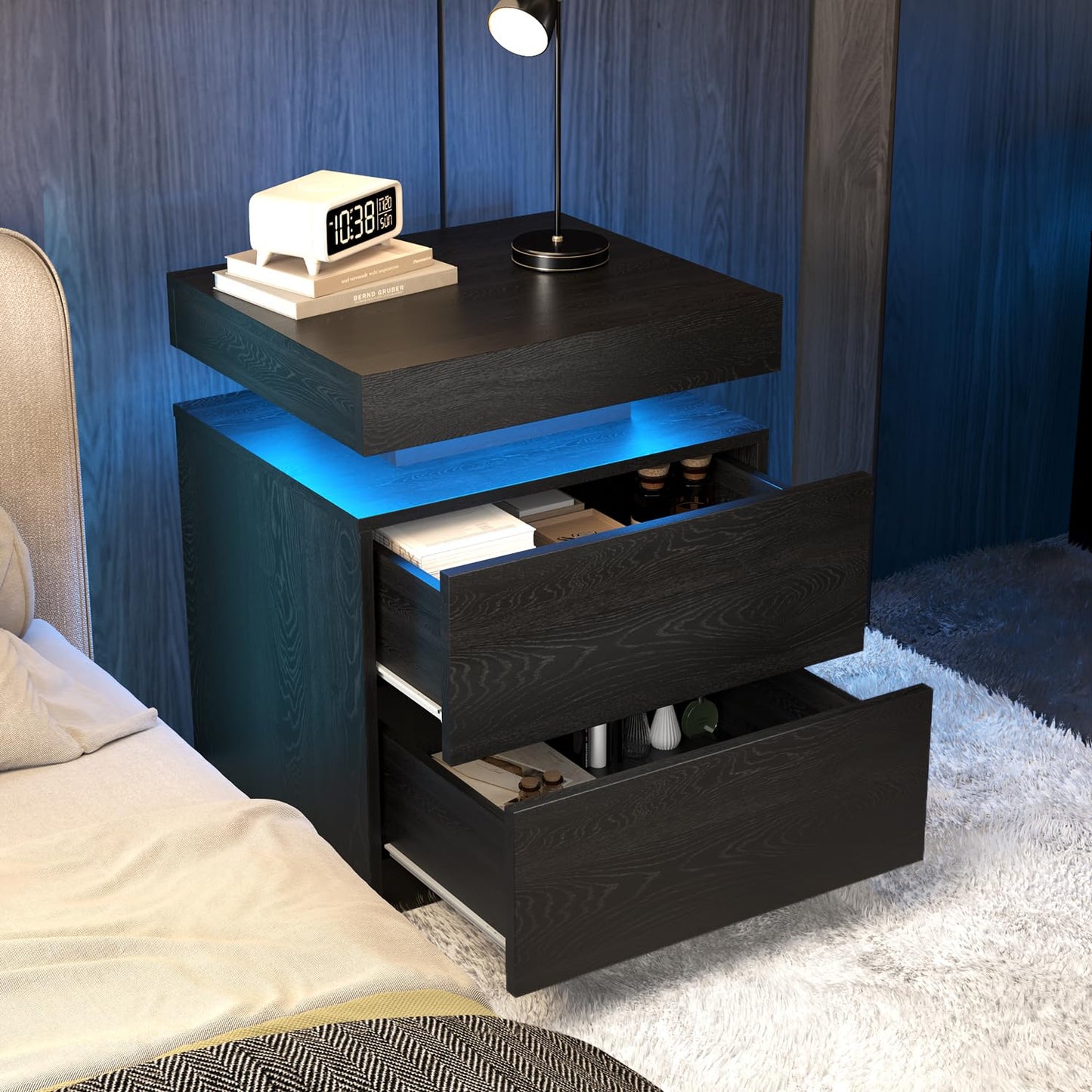 SMORBOSS LED Nightstands Set of 2, Modern Black Night Stand End Tables with APP & Remote Control LED Lighting, 2 Drawers, Open Shelf Storage, Bedside Tables for Bedroom and Living Room