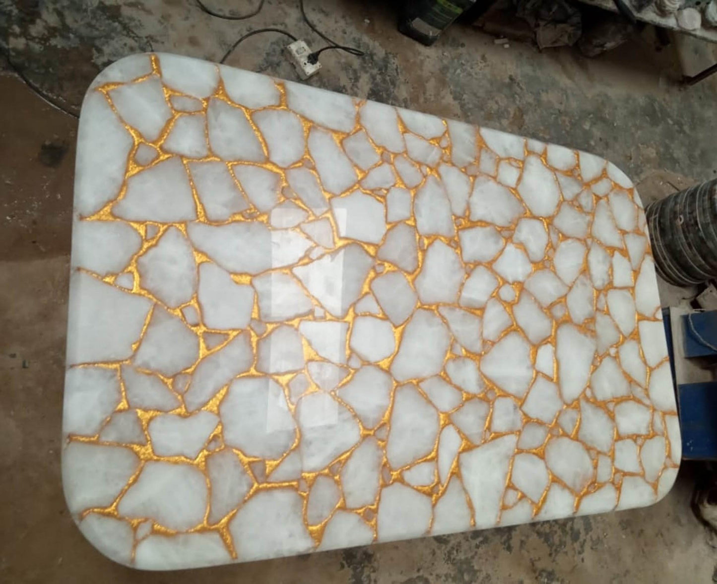 rkhandicrafts Epoxy Table Top with White Quartz Golden Foil 24 x 48 Inches Rectangle Shape Reception Table to add Royal Look in Your Lifestyle
