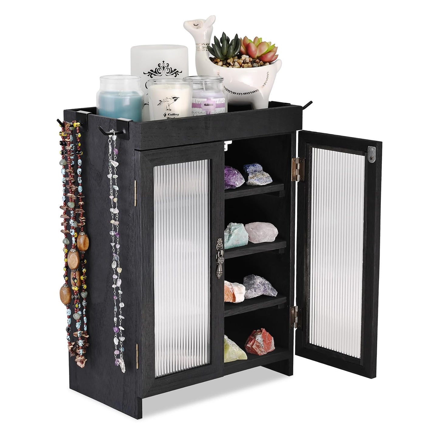Ikee Design Wooden Countertop Storage Cabinet with Wavy Magnetic Door, Adjustable Shelves, Removable Hooks. Perfect for Perfume, Figurines, and Coffee Cups, Black Color, 10.4 W x 6.1 D x 14.4 H in