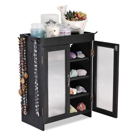 Ikee Design Wooden Countertop Storage Cabinet with Wavy Magnetic Door, Adjustable Shelves, Removable Hooks. Perfect for Perfume, Figurines, and Coffee Cups, Black Color, 10.4 W x 6.1 D x 14.4 H in