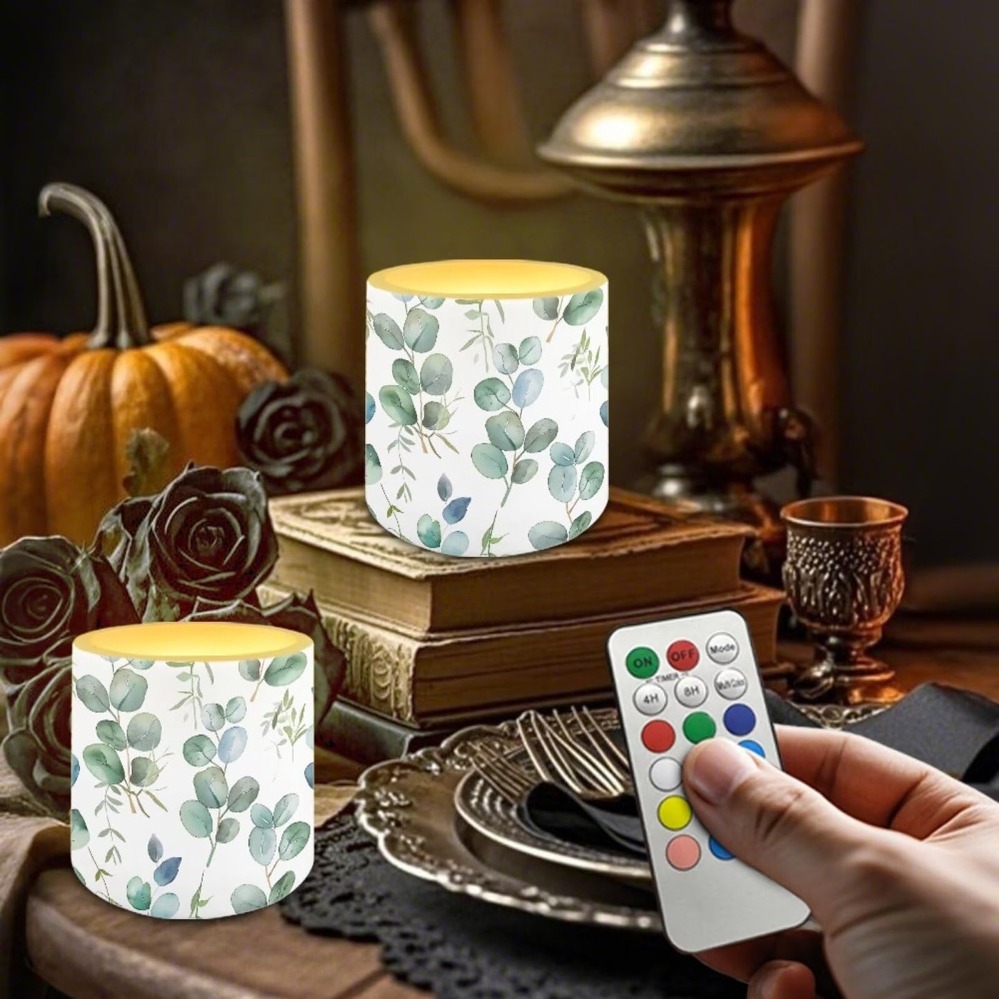 Cozeyat Green Leaves Waterproof LED Flameless Candles 4 Pack Battery Powered with Remote Control Timer Flickering Pillar Candles for Indoor Outdoor Home Decor