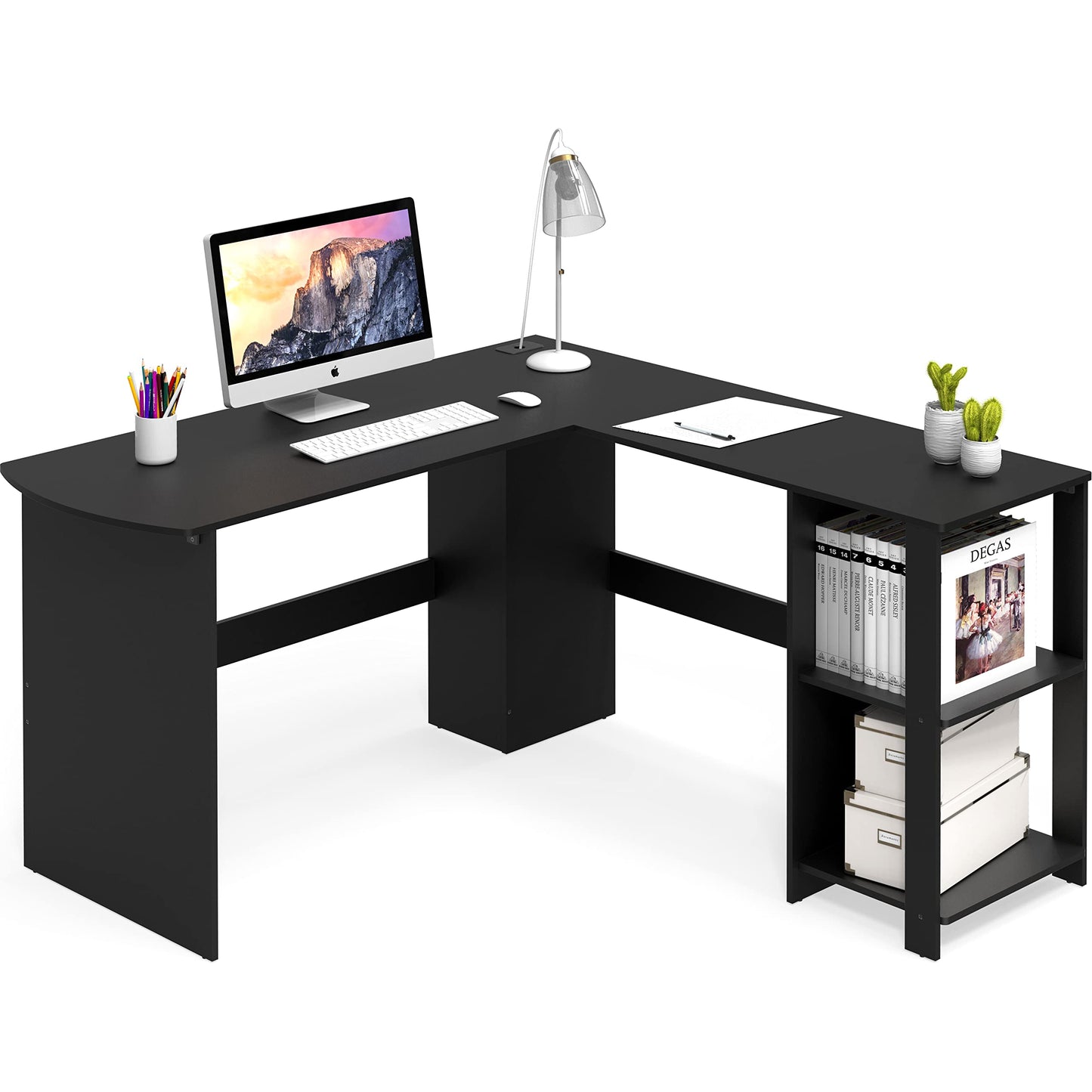 SHW 51 x 51 Inches L-Shaped Home Office Wood Corner Desk wtih Storage, Black