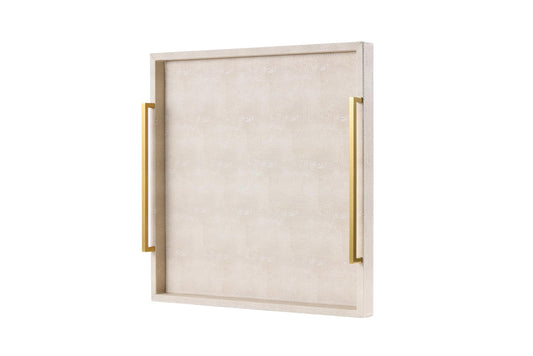 24"x24" Oversized Square Ottoman Tray for Living Room, Extra Large Ivory Shagreen Leather Decorative Tray for Coffee Table,Wooden Serving Trays for Dinner Party (Ivory -Gold Handle, 24")