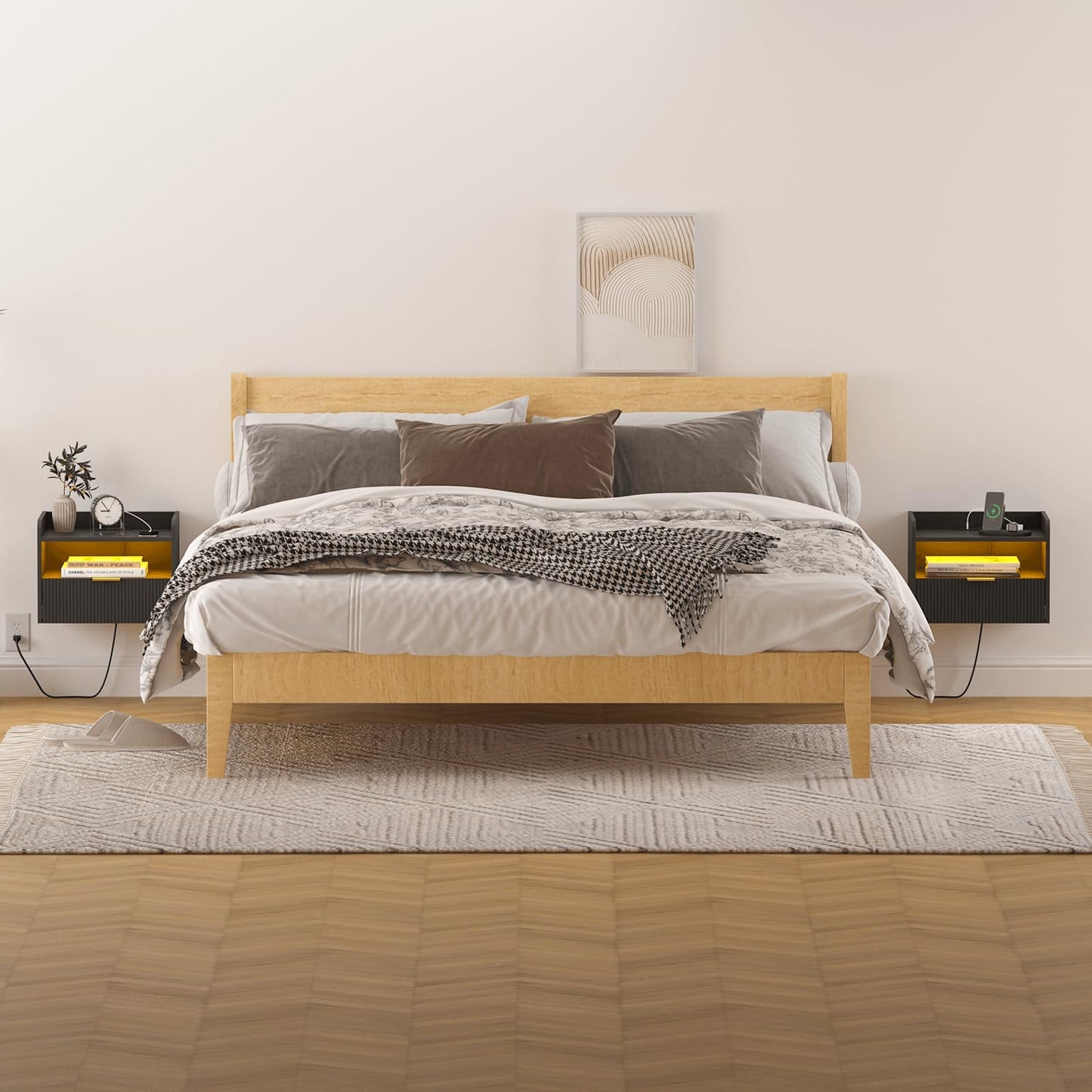 Veegle White Floating Nightstand with Charging Station and LED Lights (Black)