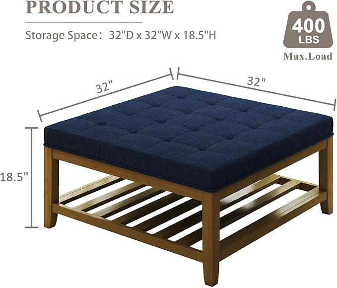 Befurtori Large Square Ottoman Coffee Table, Linen Solid Upholstered Footrest