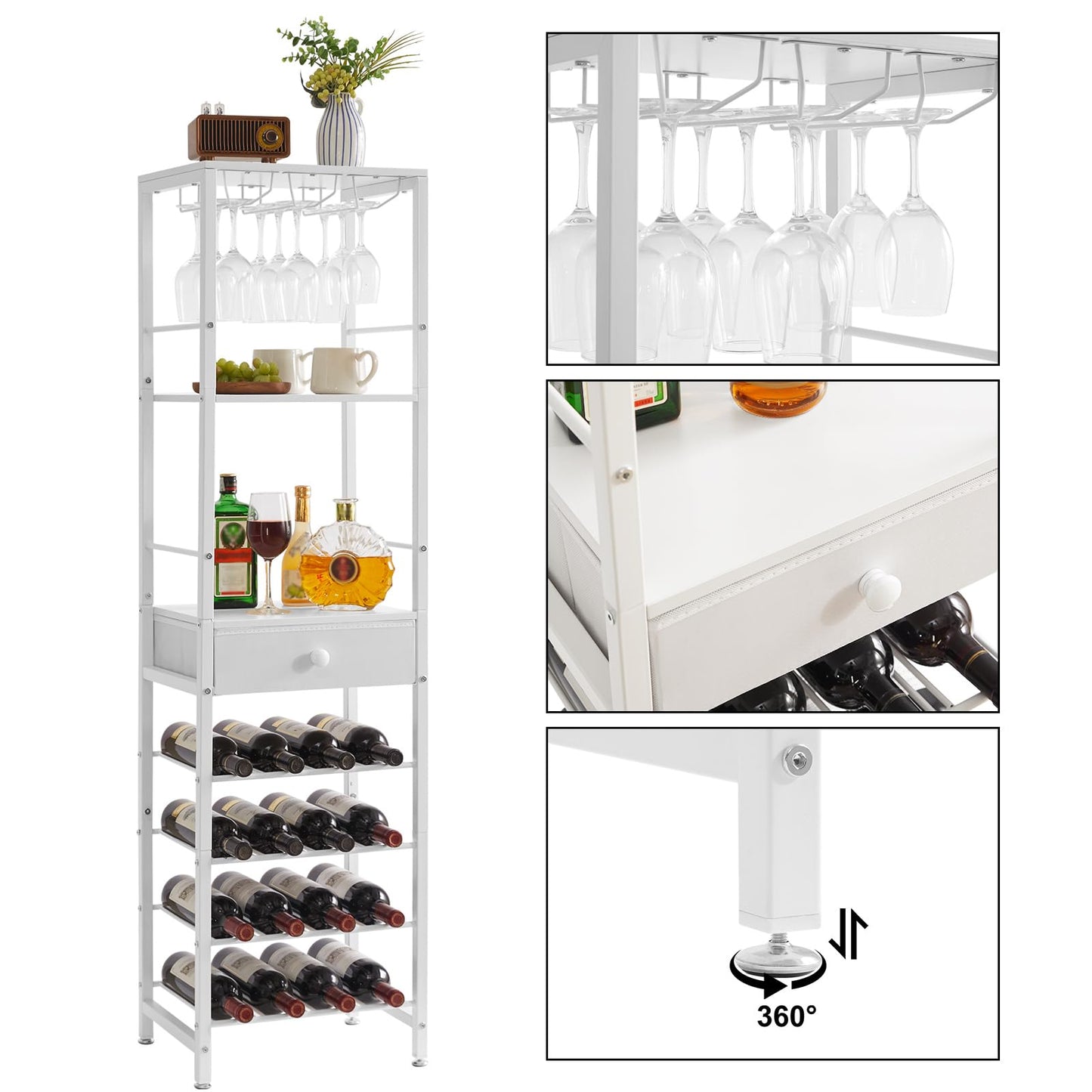 IBUYKE Wine Rack Freestanding Floor, Bar Cabinet for Liquor and Glasses,Coffee Bar Cabinet 4-Tier Wood bar Cabinet,Glass Holder and Storage Drawer for Home Bar Kitchen Living Room,White UTMJ905W