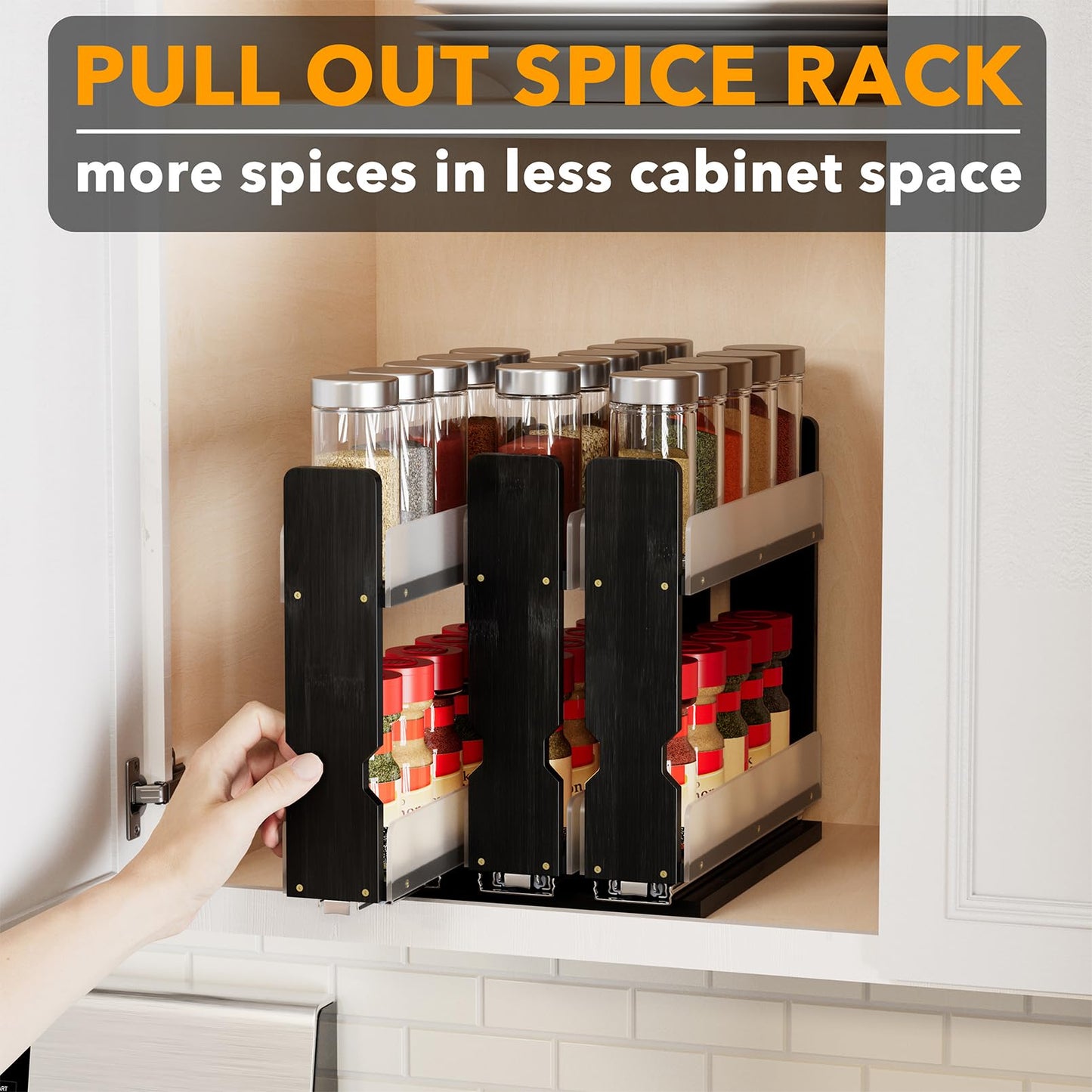 SpaceAid Bamboo Pull Out Spice Rack Organizer for Cabinet, Heavy Duty Slide Out Seasoning Kitchen Pantry Sliding Vertical Organization, 7.6" Wide, 3 Drawers(2" Wide), 2-Tier, Black