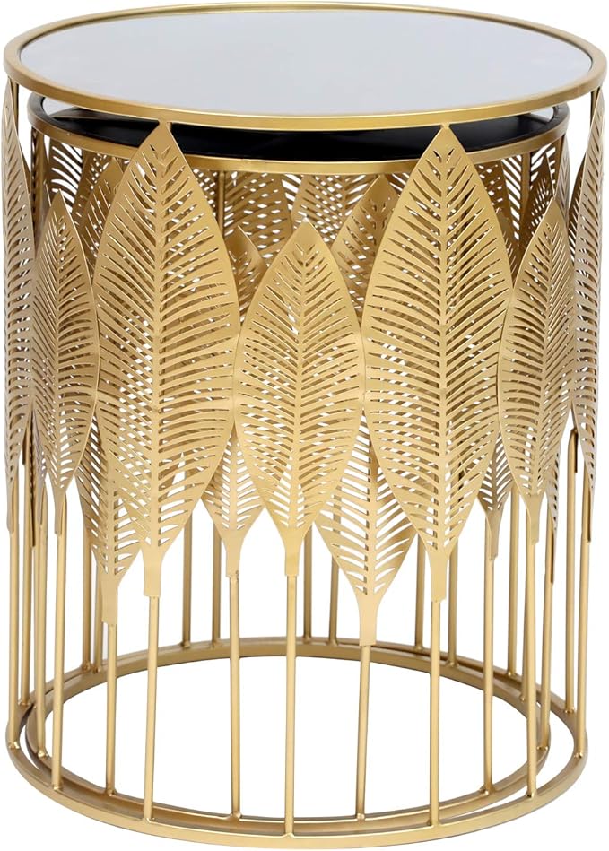 Homebeez Gold Nesting Tables Set of 2, Glam Leaf Design Round End Table