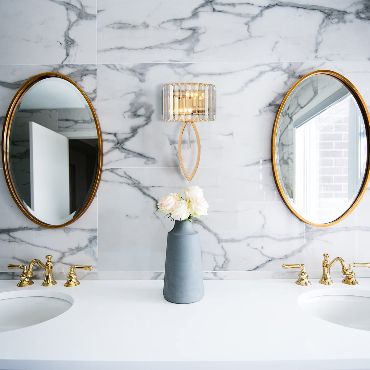 CLAXY Mid Century Wall Sconces, 2-Light Elegant Crystal Gold Wall Light for Bathroom Bedroom Hallway