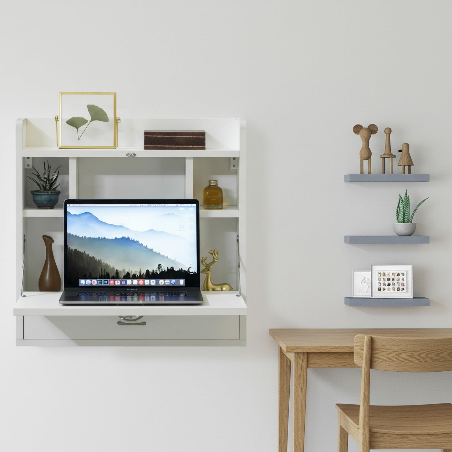 Basicwise Wall Mounted Folding Desk with Storage Shelves - Floating Table with Drawers, Space Saving for Small Spaces, 23.75 x 6.75 x 23 in, White for Home Office, Bedroom, Study, Dorm Room