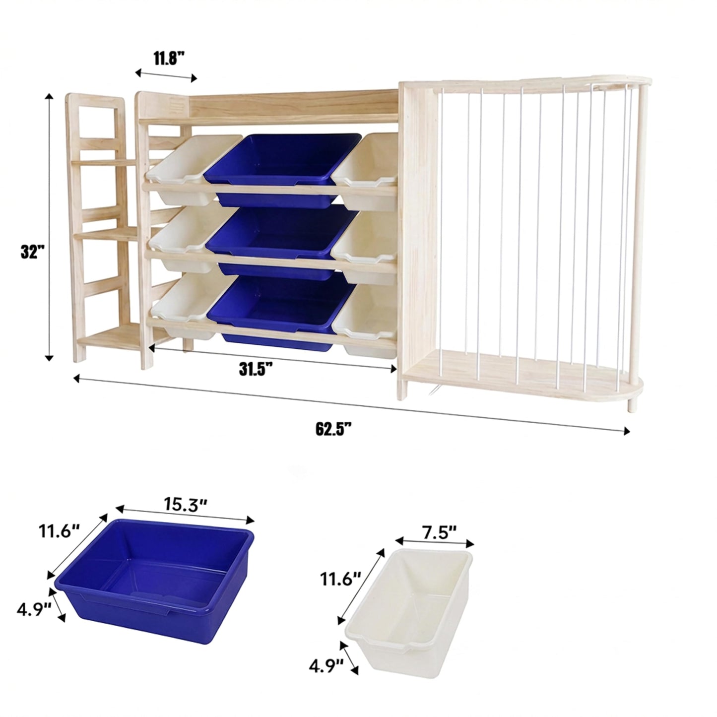 Amdermi Kids Toy Storage Organizer with 9 Plastic Bins, 3-Tier Wooden Shelving Unit for Playroom & Bedroom, Nursery Bookshelf and Stuffed Animal Zoo Storage, Natural Wood Finish （Blue）