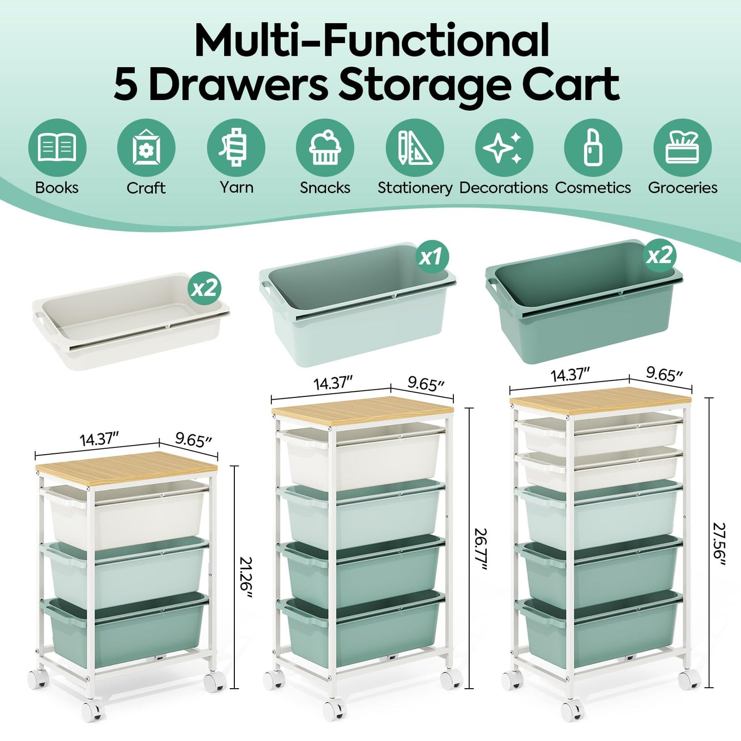 Rolling Storage Cart with 5 Drawers, Craft Organizer, Wooden Tabletop Utility Cart for Bedroom, Children's Room and Office Organization, Table Side Trolley with Lockable Wheels, Green