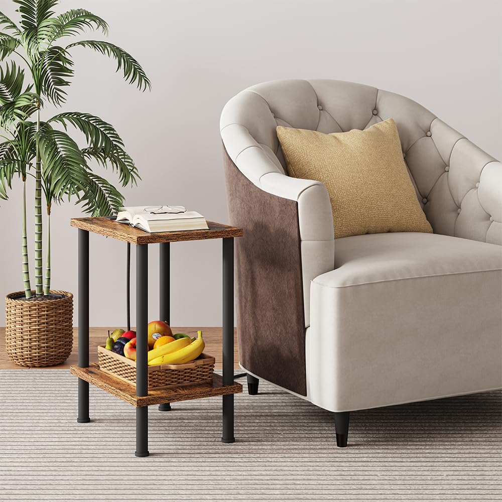 VIMBER Side Table with Charging Station, Set of 2 End Tables with USB Port and Outlets, Nightstands with 2-Tier Storage Shelves and Metal Legs, Sofa Table for Small Space, Living Room, Bedroom