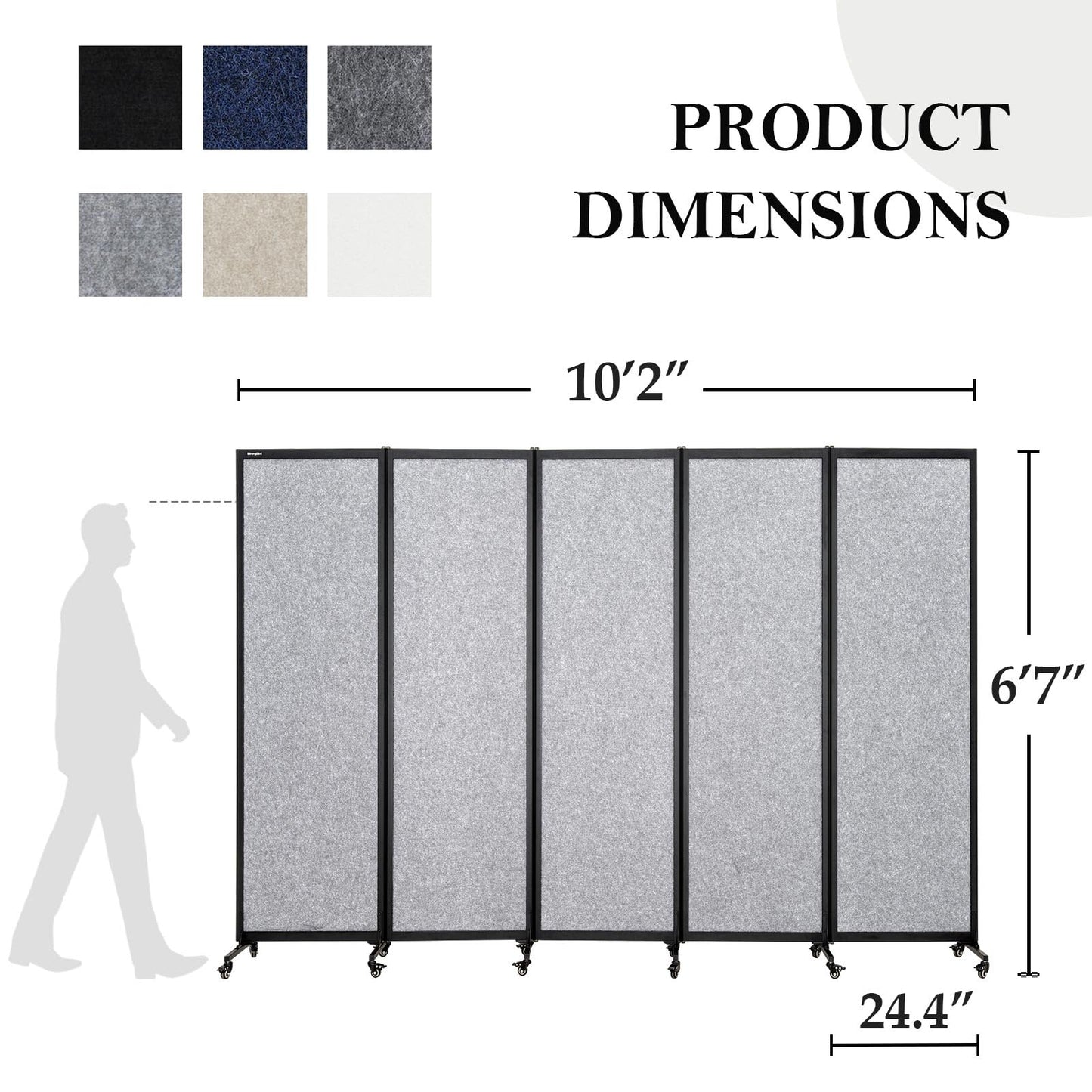 Upgrade Version Room Partition and Divider, Freestanding Rolling Dividers with Wheels,Office Privacy Screen Divider Wall,Classroom Felt Dividers,10'6"L* 6'7"H,5 Panel,Light Grey