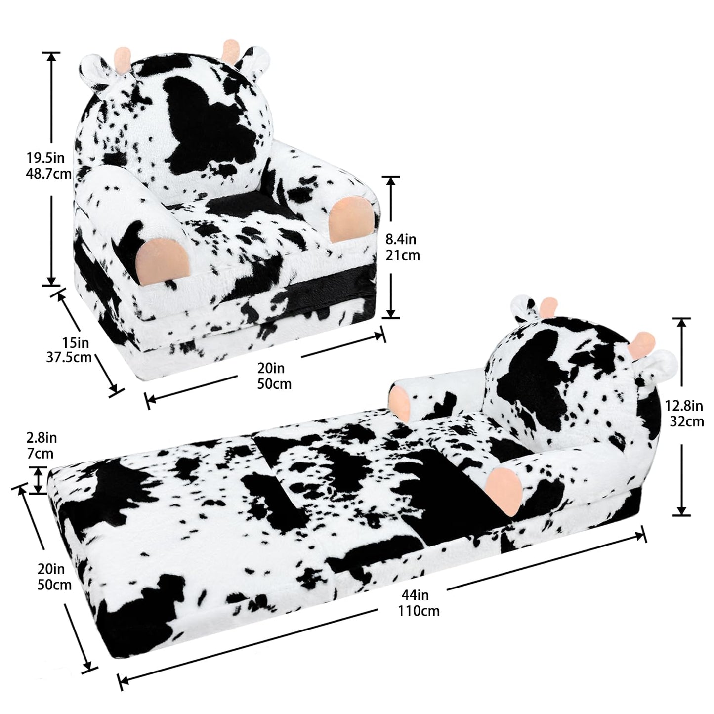 QIUODO Toddler Chair with Faux Rabbit Fur – 2-in-1 Foldable Kids Couch, Soft Sofa for Reading, Bedroom or Playroom Use, Ages 1-3（Cow）
