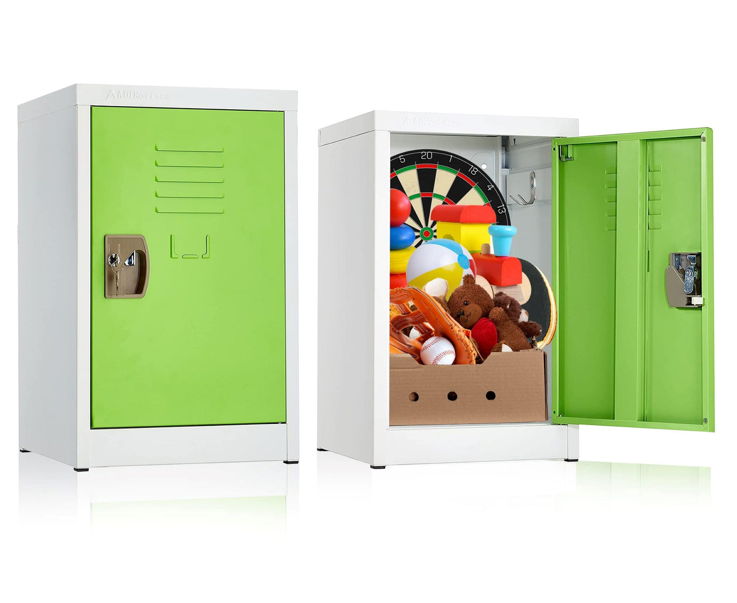 AdirOffice Kids Storage Locker Organizer - Metal Storage Cabinet with Key & Hanging Rods - Ideal for Toy Storage Box & School Lockable Storage Cabinet- (24 in 1 Door, Green)
