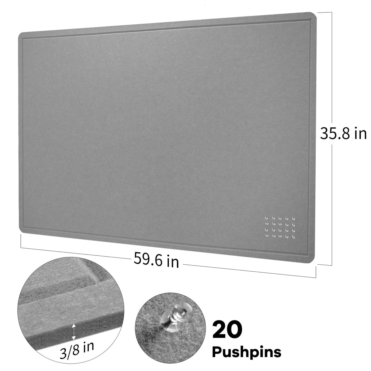 Large Bulletin Board - 60 x 36 Inches, Decorative Felt Pin Board for Wall - 5' x 3' Foldable Photo Display Board with Self-Adhesive Tape, Includes 20 Push Pins - Gray