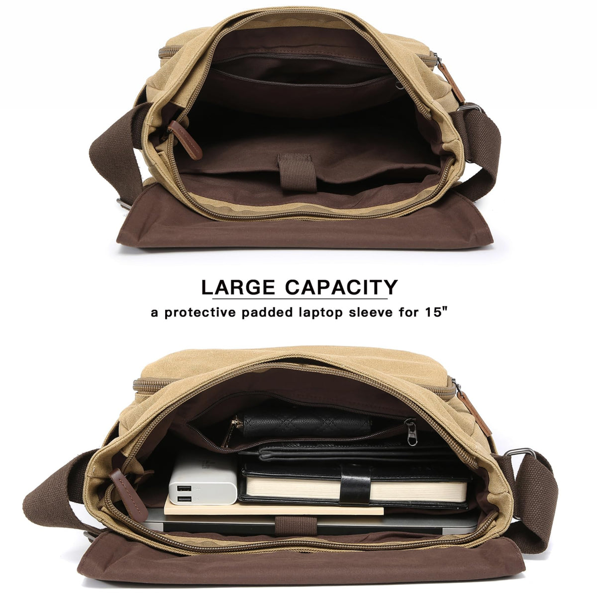 Dasein Large Vintage Canvas Messenger Shoulder Bag, Beige, 15in Laptop