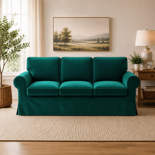 Velvet Pet-Friendly Replacement Sofa Cover Compatible for IKEA Ektorp 3 Seat Sofa Slipcovers, Couch Cover Only, 7-Piece Slipcover, Blue, Couch Cover Not Include The Sofa Body