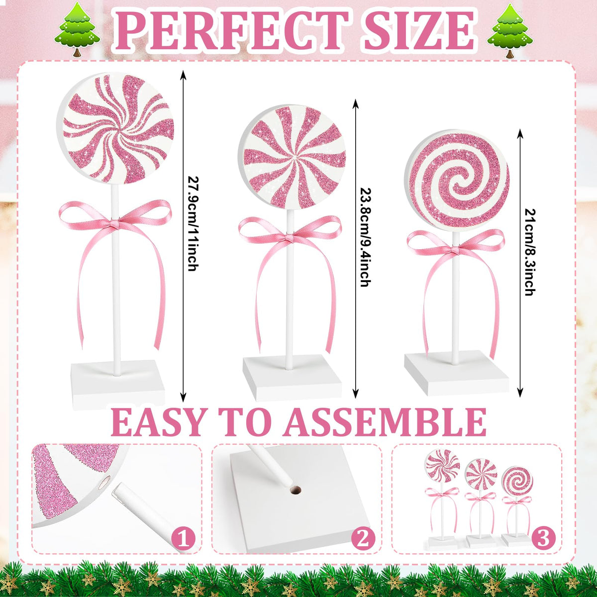3 Pieces Christmas Table Decorations Wood Candy Set, Pink Christmas Tiered Tray Decor,Rustic Candy Table Decorations for Home Tables (Pink)