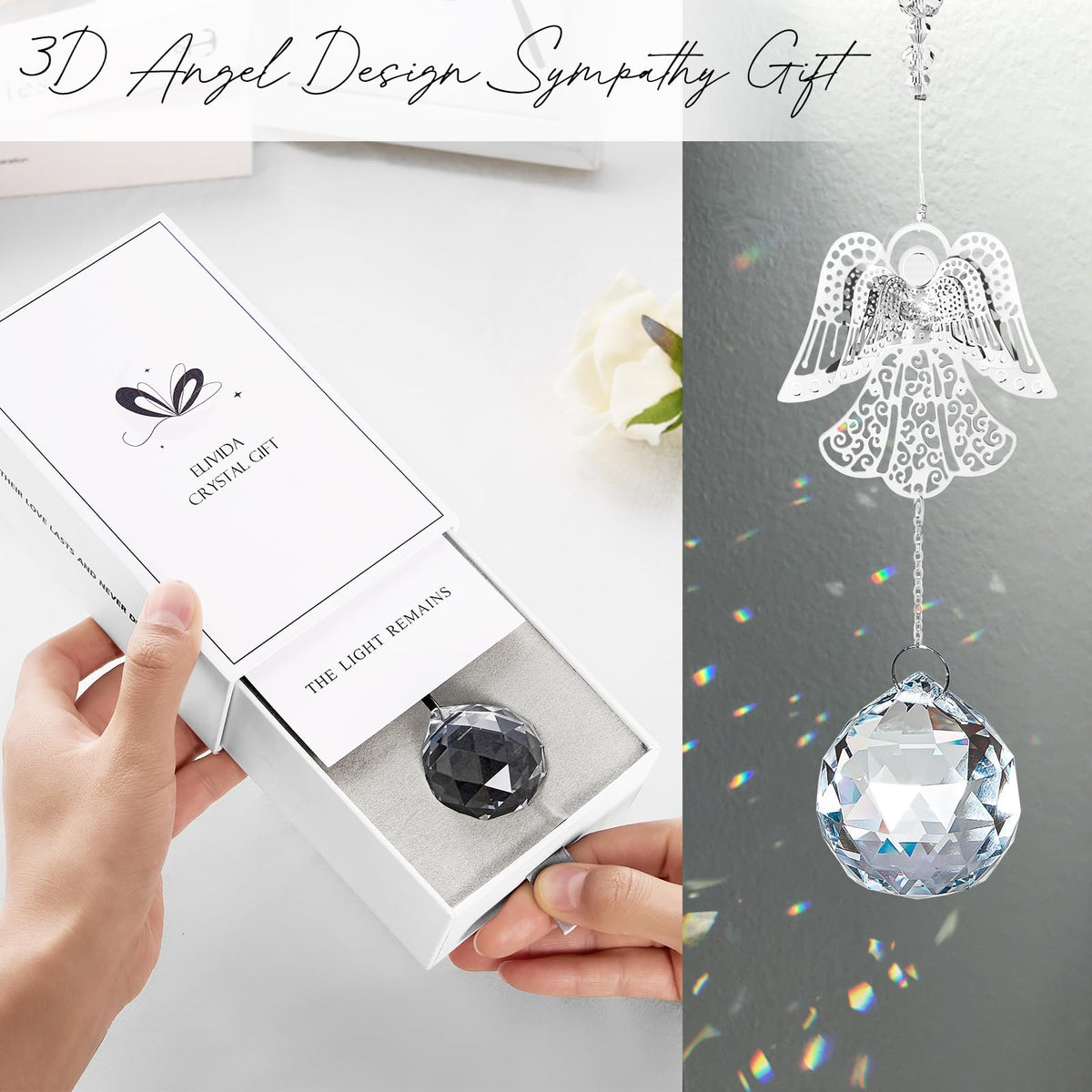 Elivida Memorial Modern Sympathy Gift for Loss of Mom - 3D Angel Design Grief Hanging Ornament With 40mm Clear Crystal Ball Rainbow Maker - Bereavement Idea for Women