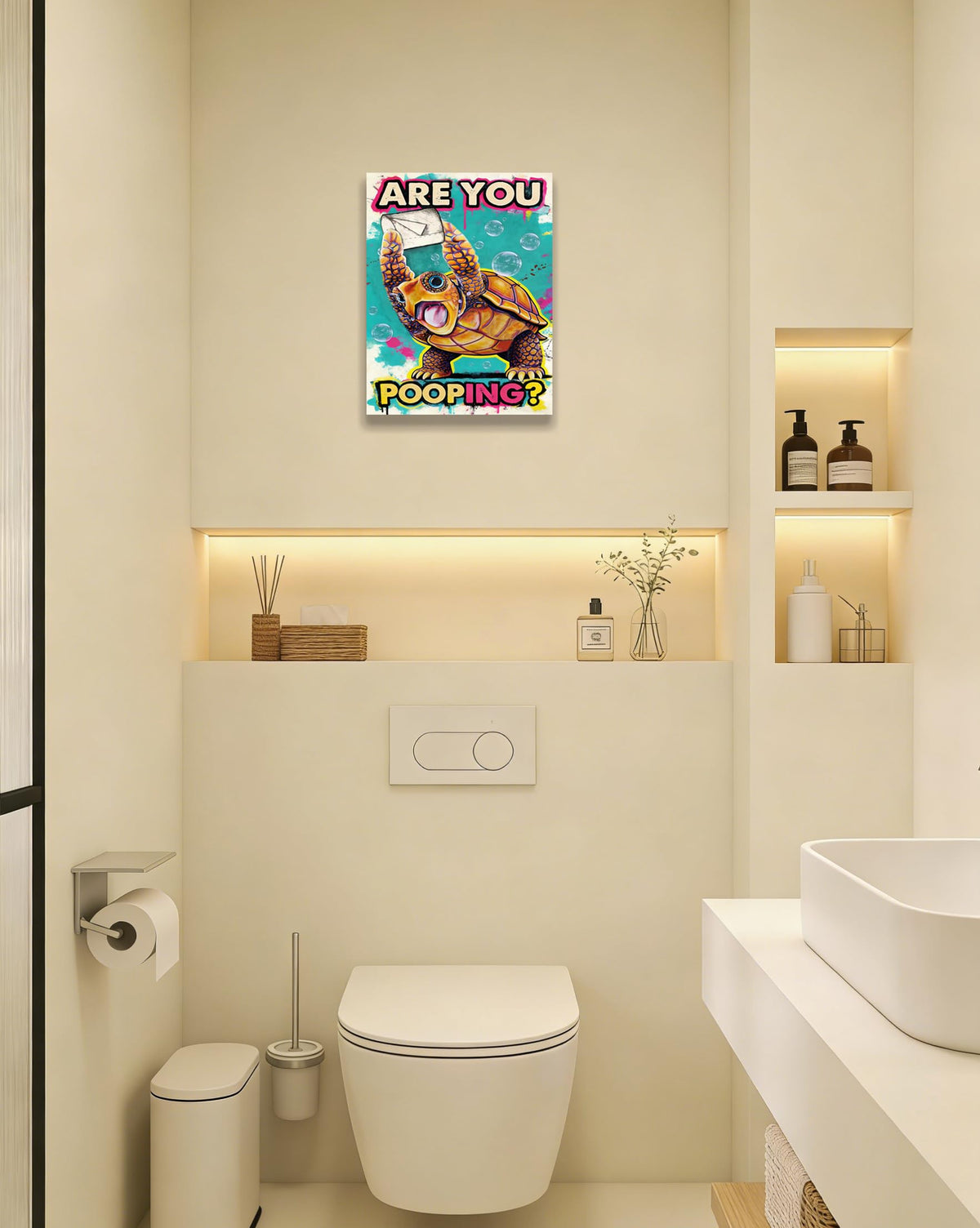 Funny Turtle Bathroom Wall Art Painting, Are You Pooping? Graffiti Humor Canvas Print, Teal Pop Art Bathroom Poster Decor, 12x16 Inch Framed Wall Picture for Bathroom Restroom Toilet Washroom