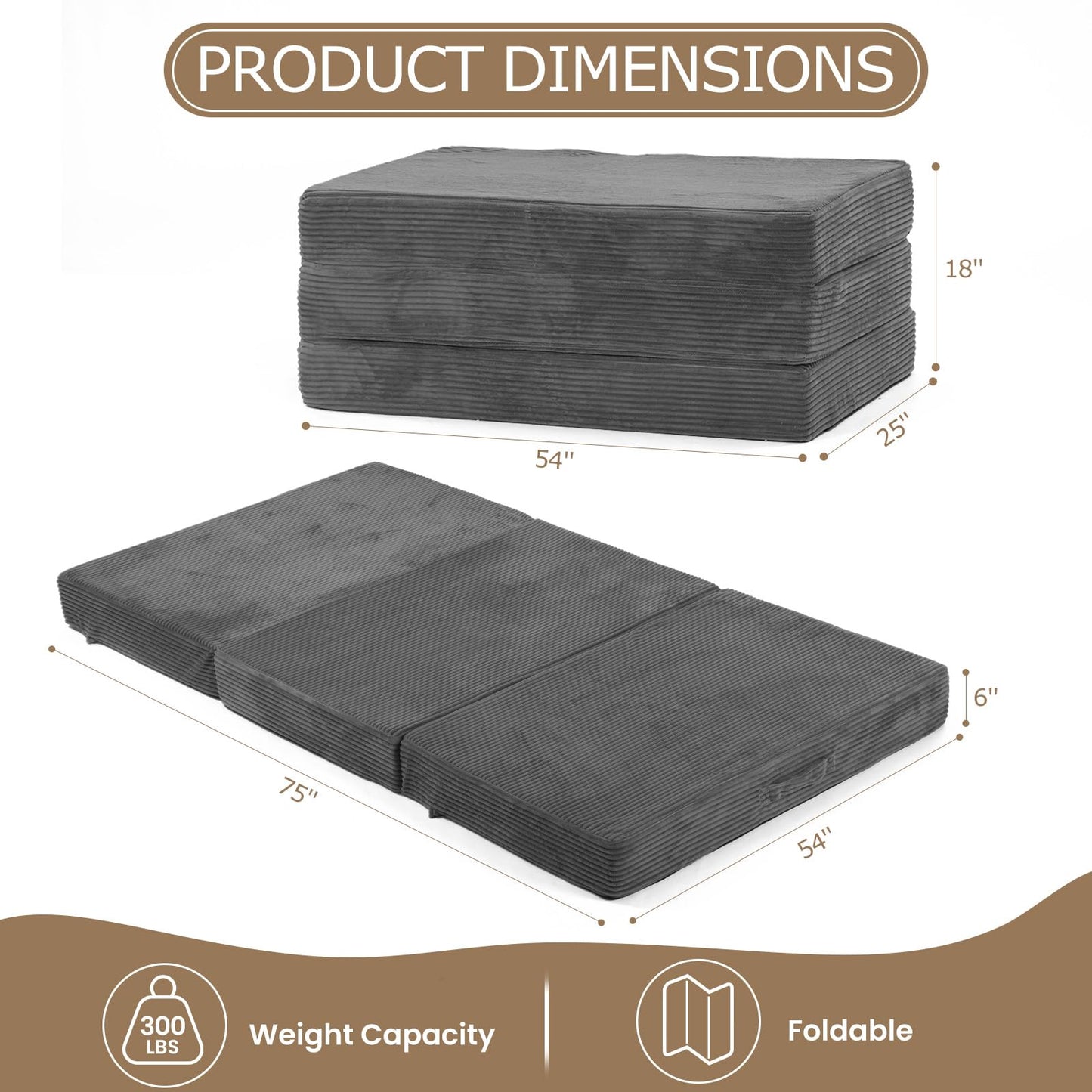 feliz home 6-Inch Tri-Folding Mattress Full Size - Foldable Futon Sofa Bed with Removable Washable Cover, Folding Futon Mattress | Non-Slip Bottom & Carry Handles for Guest, Camping, Dorm