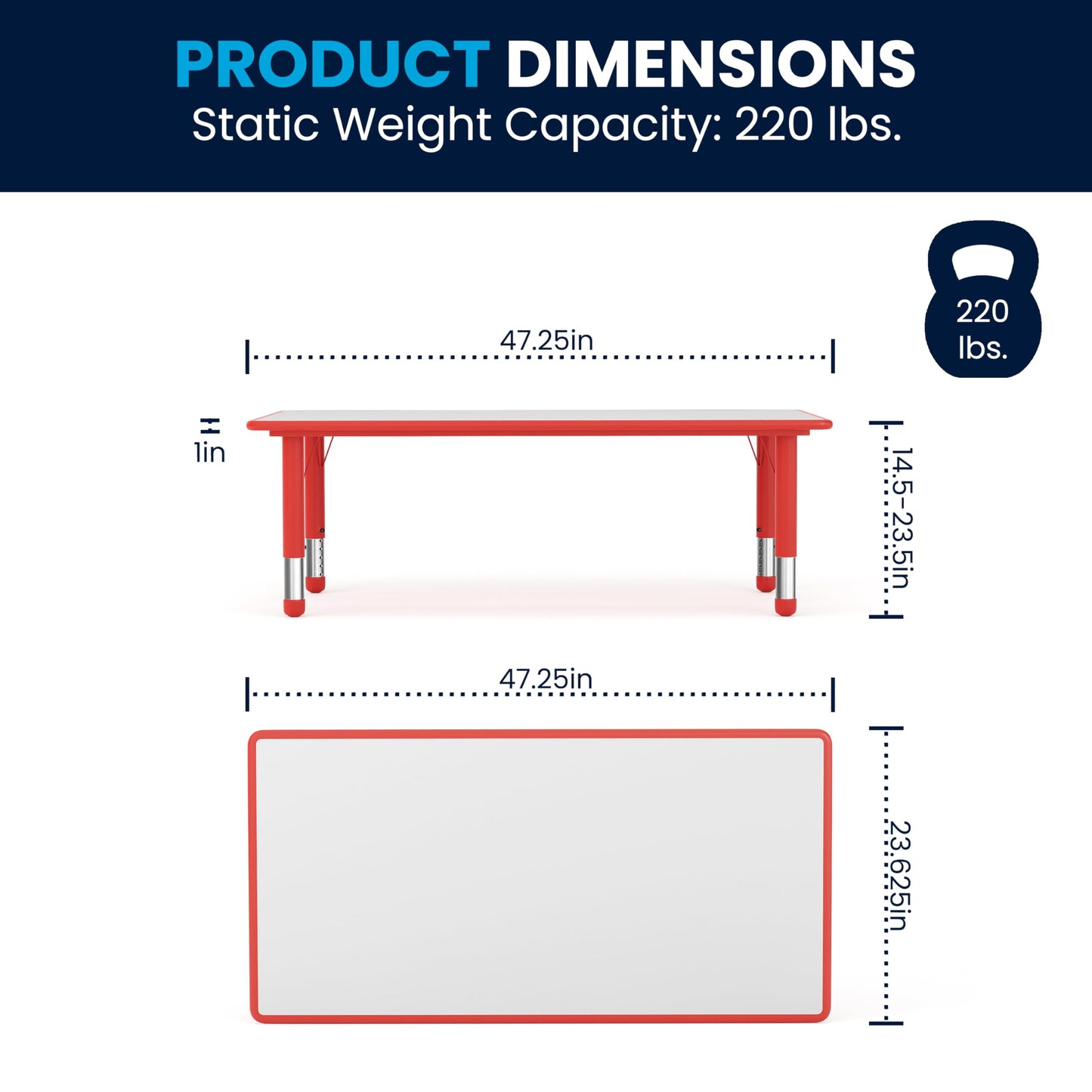 Flash Furniture Wren 23.625''W x 47.25''L Rectangular Red Plastic Height Adjustable Activity Table with Grey Top