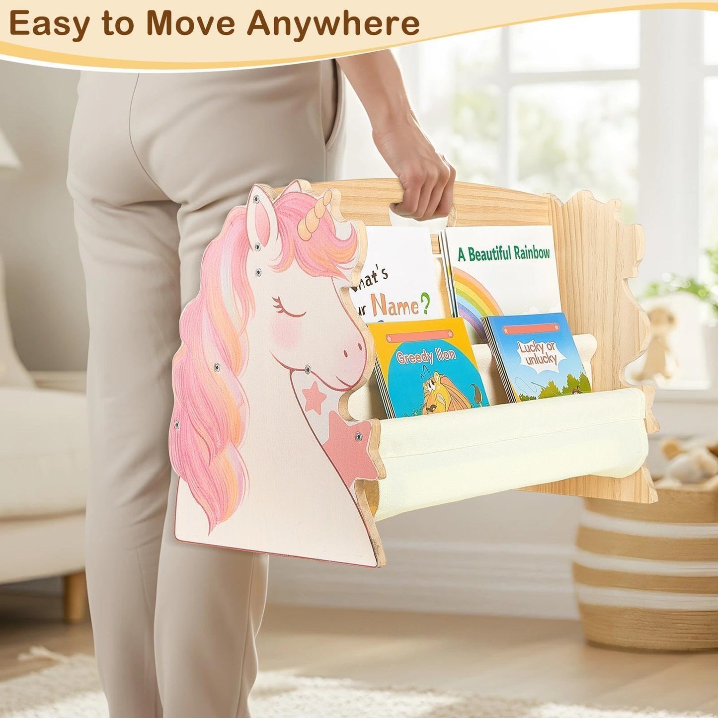 SheSeek Toddler Bookshelf Double-Sided with 4 Tier Deep Sleeves Kids Wooden Montessori Book Rack for Baby Nursery Room, Playroom, Classroom or Bedroom Bookcase Storage Organizer, Pink Unicorn