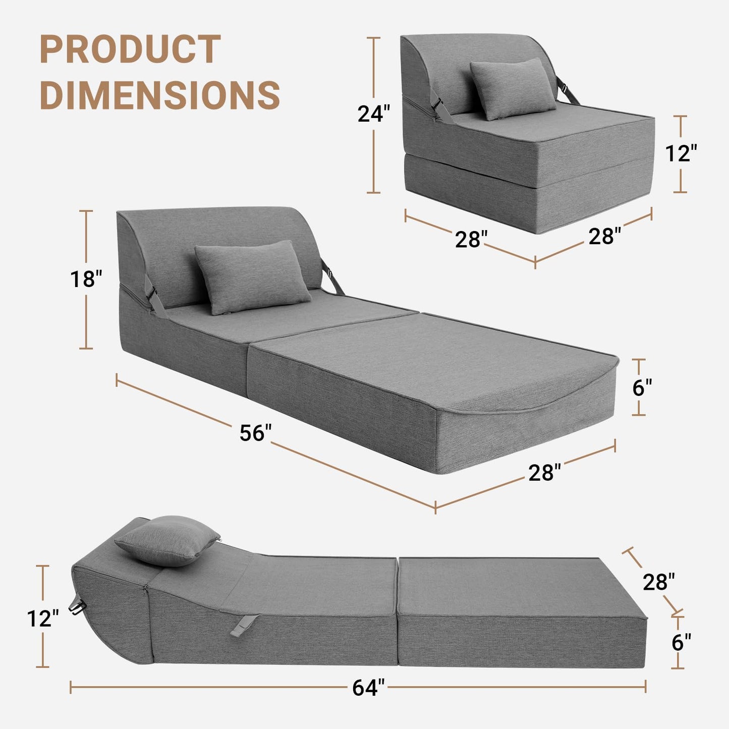 BeBen Folding Sofa Bed Chair, Convertible Sleeper Chair Futon Couch, Foldable Boneless Floor Lounge Sofa, Single Foam Chair Bed for Small Spaces, Dorm, Guest Room, Living Room, Apartment, Dark Grey