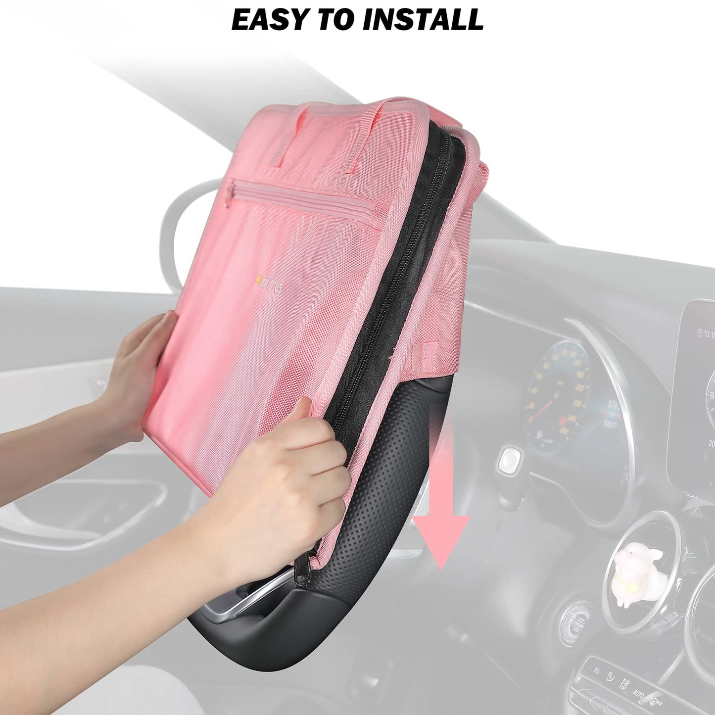 JOYTUTUS 3 in 1 Steering Wheel Eating Tray (Pink), Car Back Seat Laptop Desk, Multifunctional Office Bag Car Work Table for Writing, Car Organizer for Kids, Commuters, Family