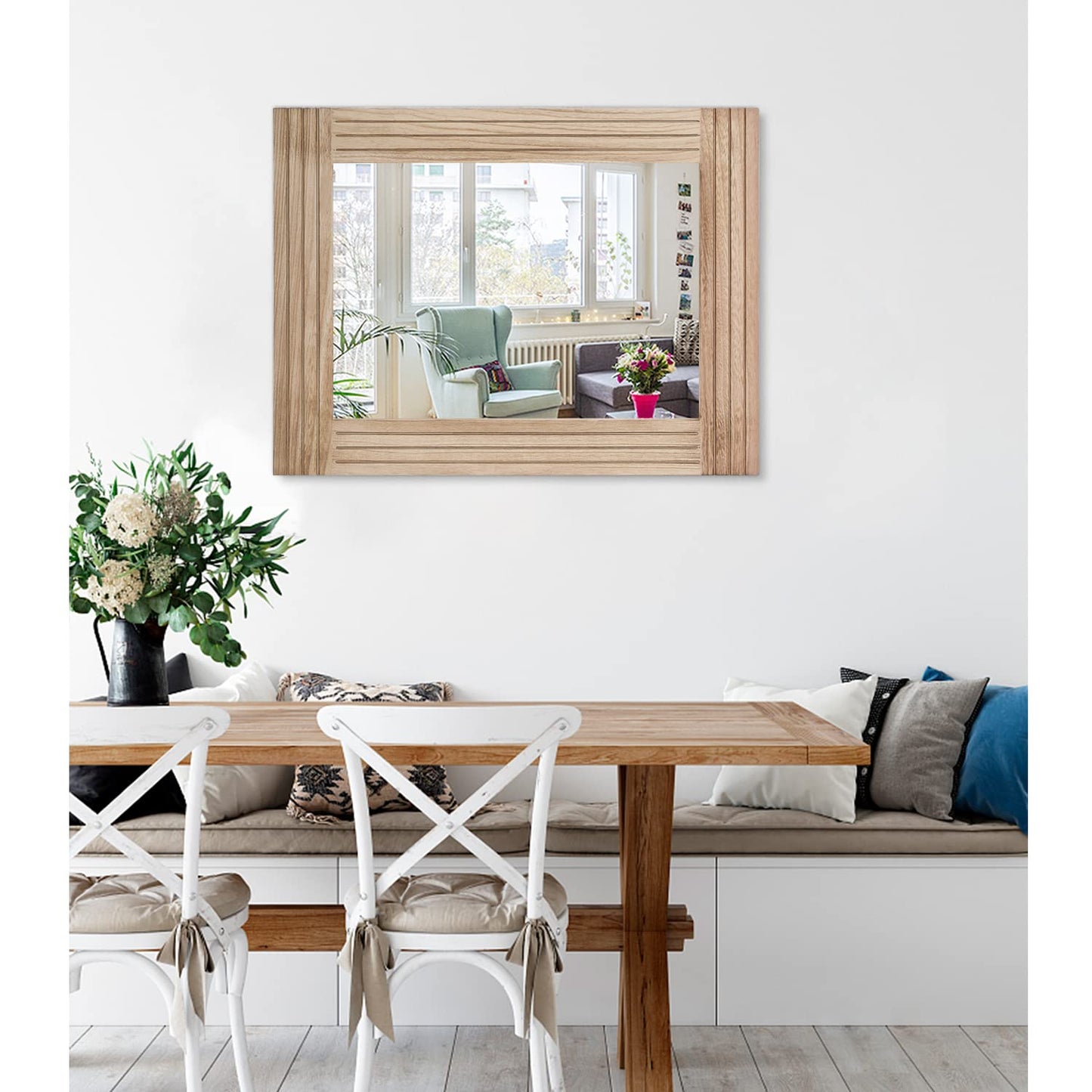 HLFMVWE Rectangle Mirror Retro Wooden Wall-Mounted Mirrors Farmhouse Bedroom Bathroom Vanity Entrance Decorative Antique Hanging Mirror Large 26"x18"