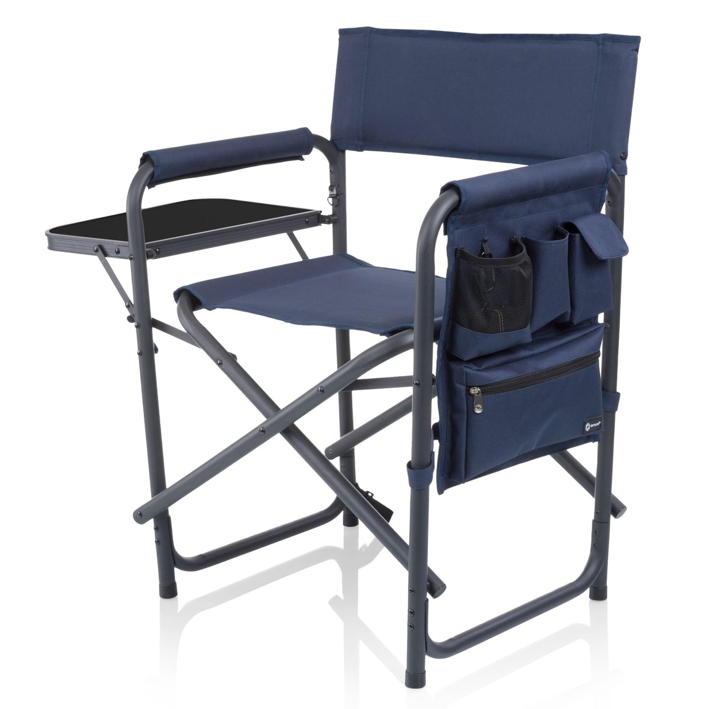 Picnic TIME Sports Chair with Side Table and Armrest Caddy, Lightweight Aluminum Folding Outdoor Camping Chair for Adults, Portable Director Style Lawn Seating with Pockets & Carry Strap, (Navy Blue)