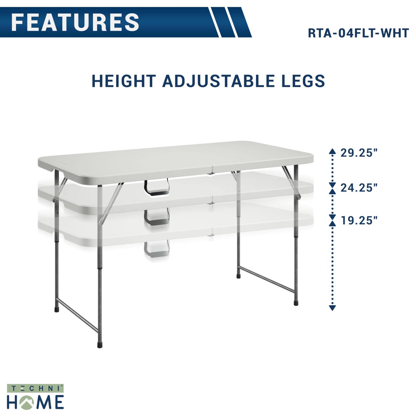 Techni Home Height Adjustable 4 FT Granite White Folding Table – Premium 4 Foot Folding Table Ideal for Camping, Picnic, Party or as Kids Table