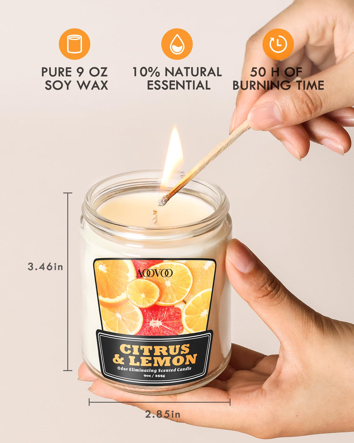 AOOVOO Citrus Lemon 2 Pack Odor Eliminating Candle - Up to 100 Hours Burn time, Eliminates 95% of Pet, Smoke, Food, and Other Smells Quickly, 18 oz Non Toxic Highly Fragranced Air Freshing Soy Candle
