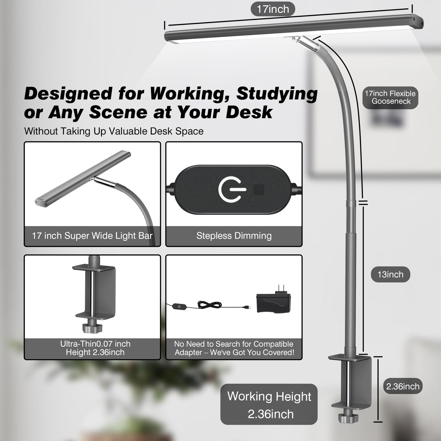 Airlonv LED Desk Lamp for Office Home, Eye-Caring Desk Light with Stepless Dimming Adjustable Flexible Gooseneck, 10W USB Adapter Desk Lamp with Clamp for Reading, Study, Workbench (Grey)