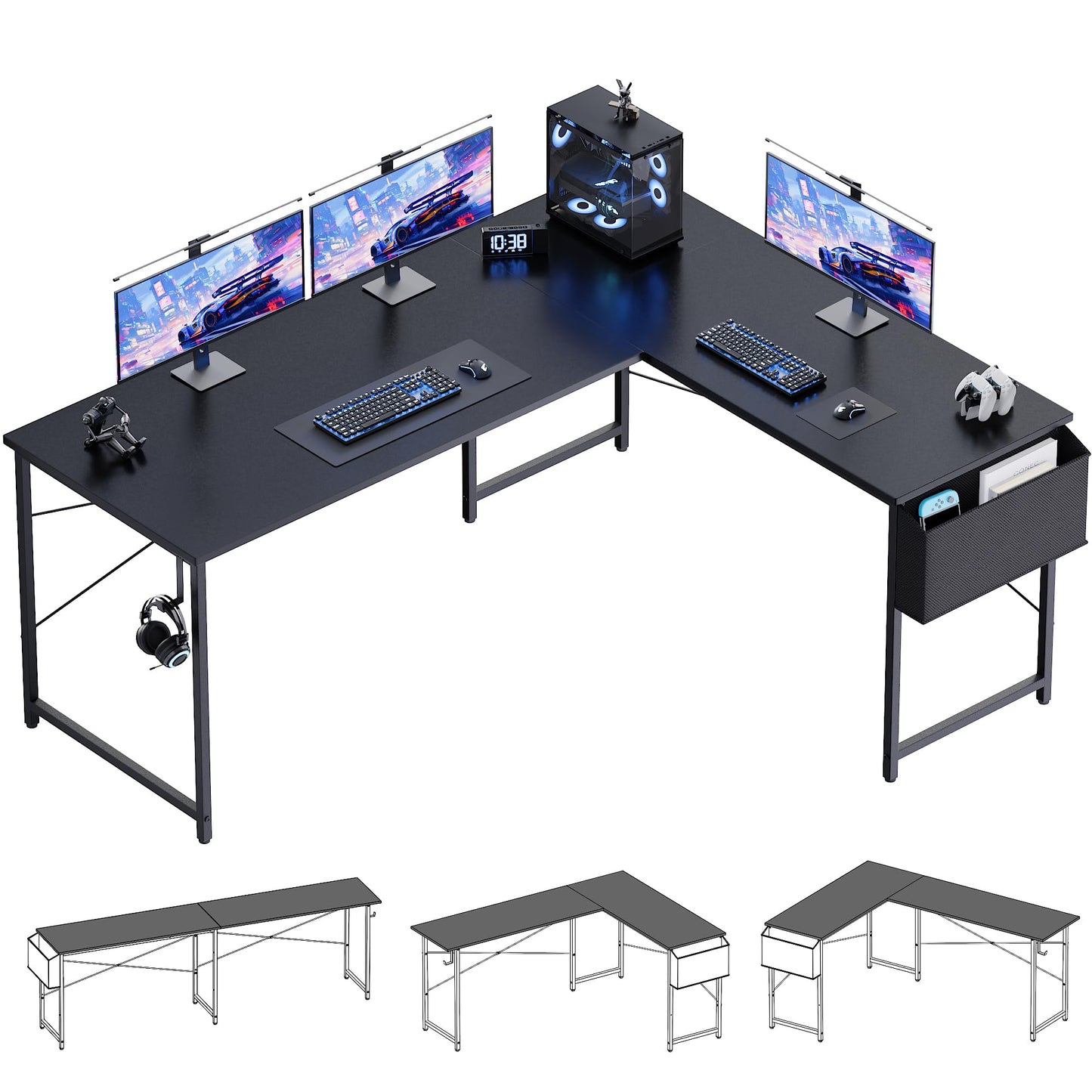 Pamray 64.5 Inch Reversible L Shaped Gaming Desk Large Corner Computer Desk with Storage Bag Home Office Table for Writing Study Black
