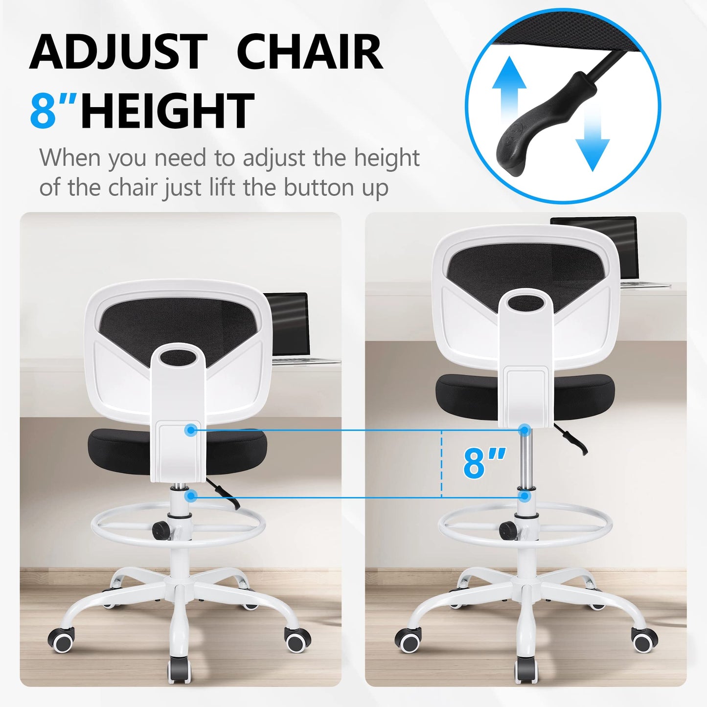 Primy Armless Mid-Back Ergonomic Standing Desk Chair - Mesh Rolling Tall Chair, Adjustable Height and Footring, Art Room, Office or Home (White)