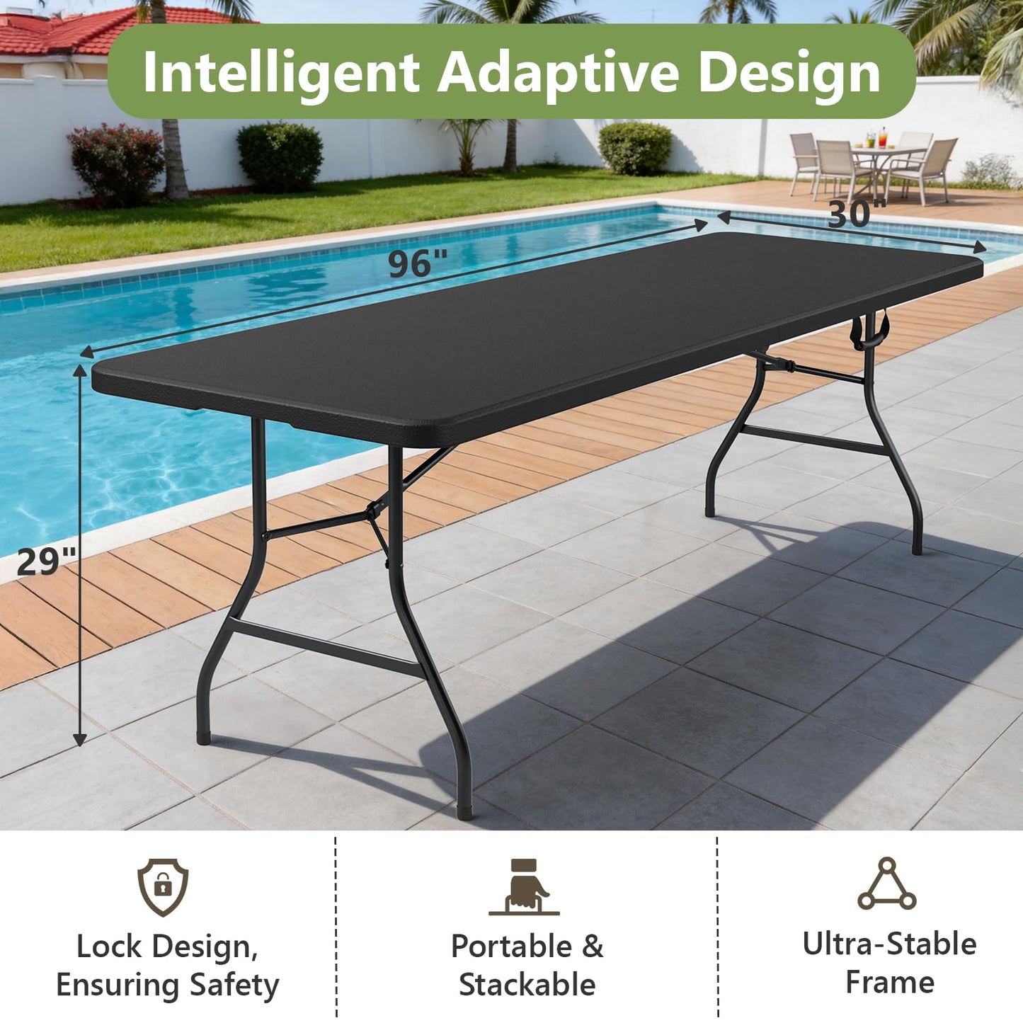 MAKE CHANGES Folding Table 8ft - Heavy Duty Plastic Table with Handle, Foldable & Portable, Fold-in-Half Utility Tables for Outdoor, Dining, Wedding, Events, Indoor, Picnic, Camping, Party (Black)