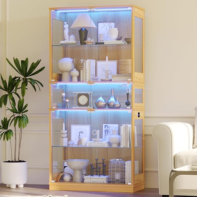 Display Cabinet with Glass Doors & LED Lights, 5 Tier Lighted Display Case