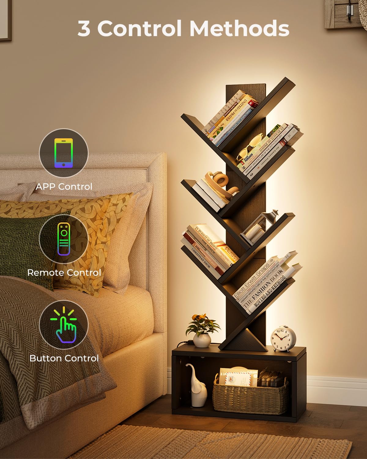 Evermagin 6 Tier Tree Bookshelf with Lights, LED Book Tree Bookcase with Storage Organizer, Small Corner Bookshelf Floor Standing Book Shelf for Living Room, Bedroom & Home Office, Black