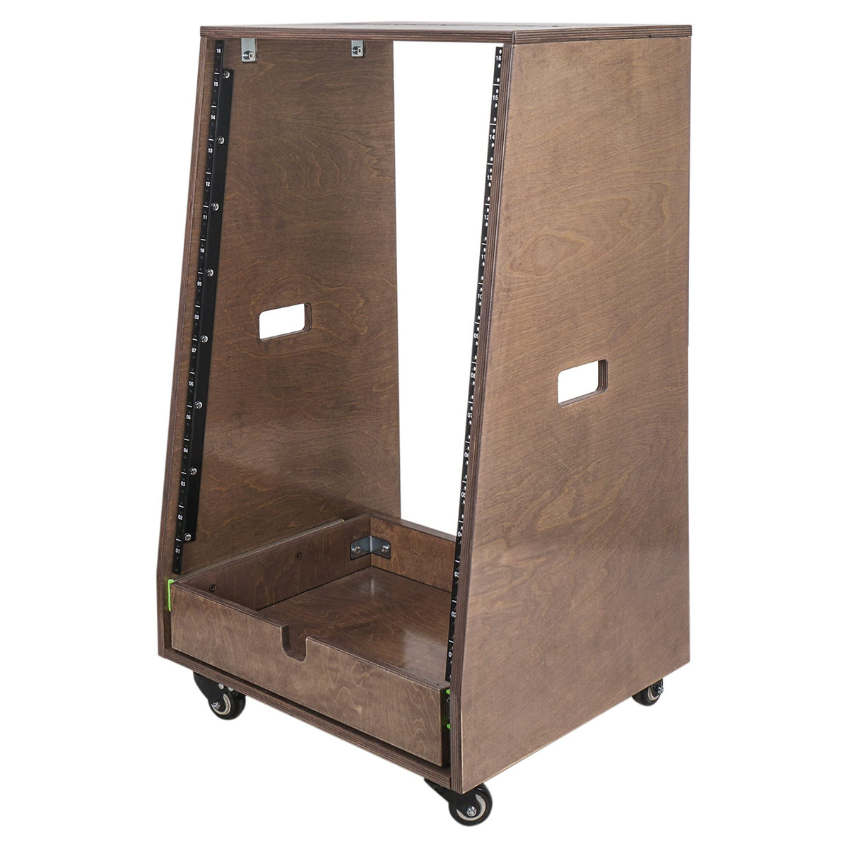 Sound Town 16U DIY Solid Baltic Birch Plywood Slanted Studio Rack with 16U Rack Space, Extra 2U Drawer, Rubber Feet, Casters, Weathered Brown (SDRK-16TBD2)