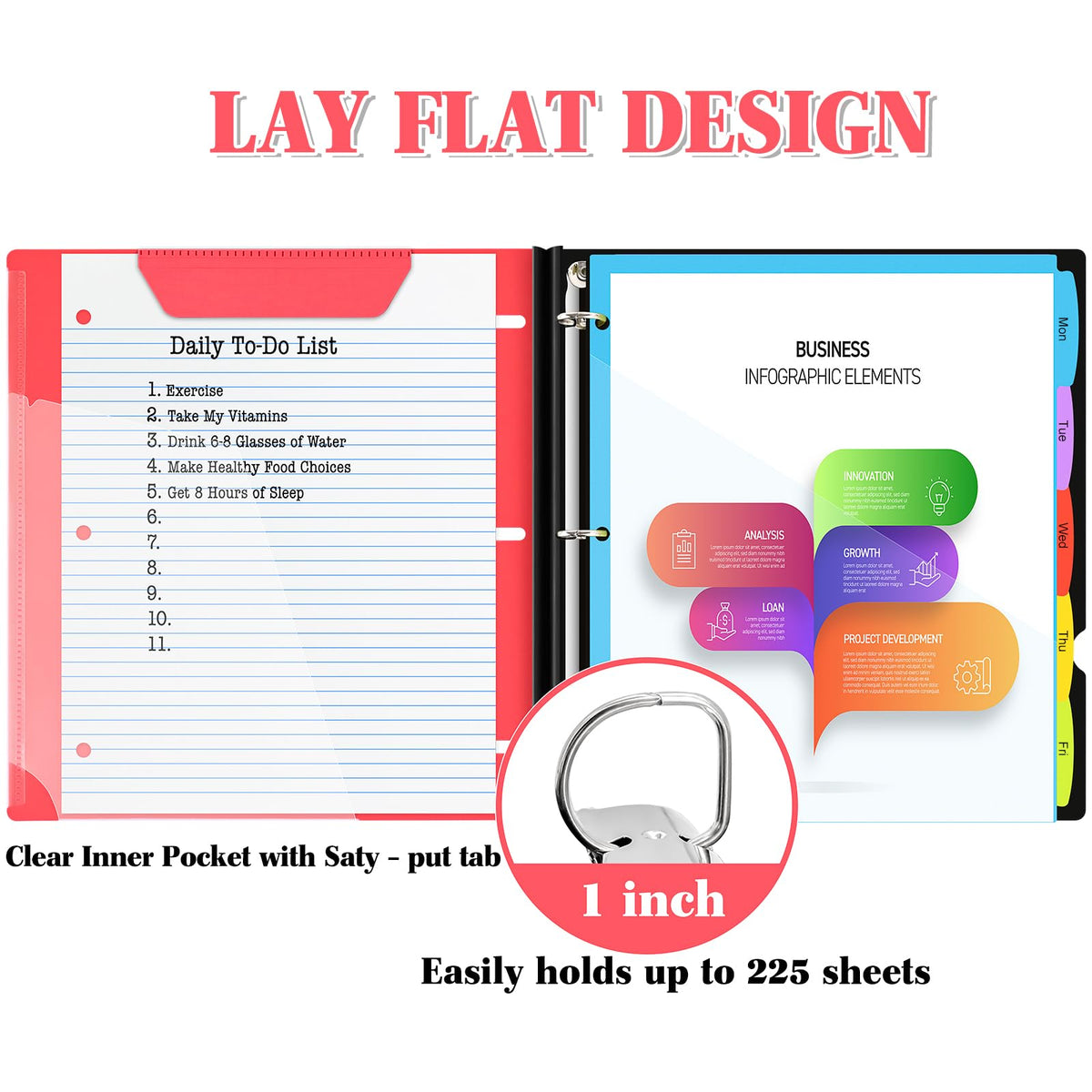 INFUN 1 Inch Telescoping Project Organizer Binder-2PCS,13 Pocket, Customizable Front Cover, 5 Colors Pocket Divider and Plastic Binder Pocket，225 Sheet Capacity-Red