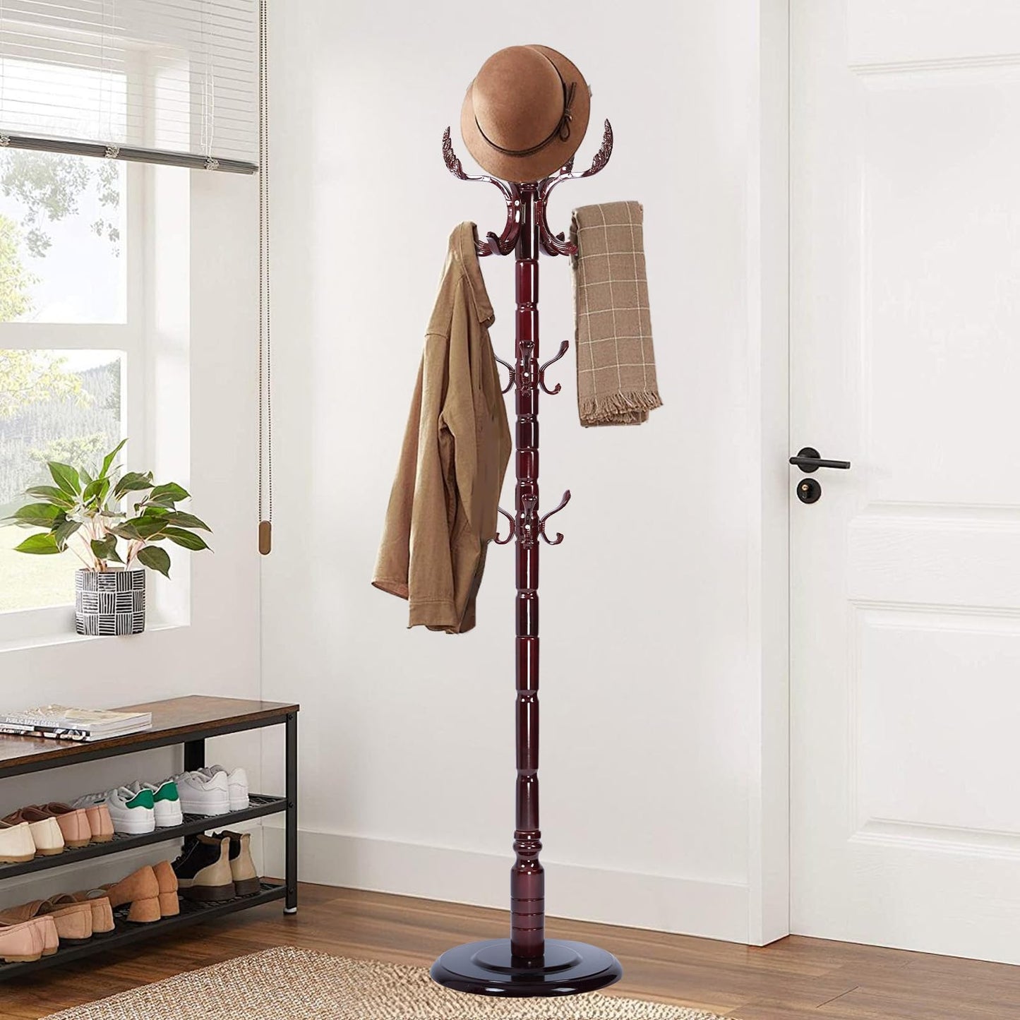 Sauqzoh Coat Racks Free Standing with 14 Hooks, Natural Wood Coat Stands for Entryway, Adjustable Height 72 in Tree Coat Rack Stand for Hallway Home Office Bedroom (Mahogany Phoenix)