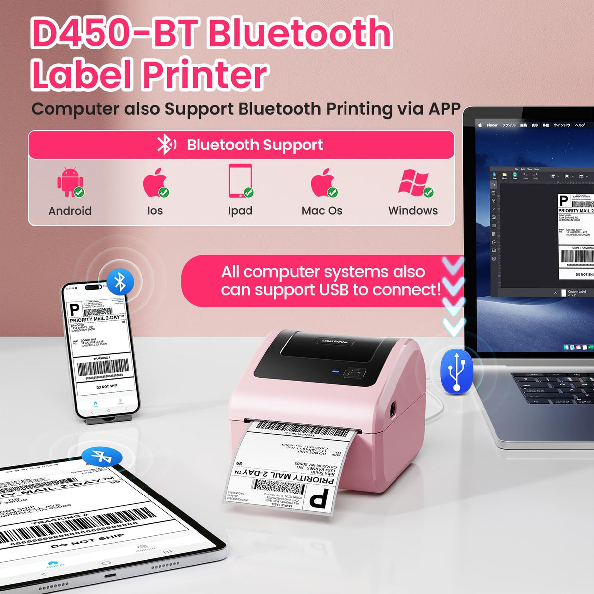 Omezizy Bluetooth Thermal Label Printer 4x6 - D450BT Shipping Label Printer for Small Business, Shipping Packages, Office, Home, Compatible with USPS, Shopify, Amazon, Tiktok